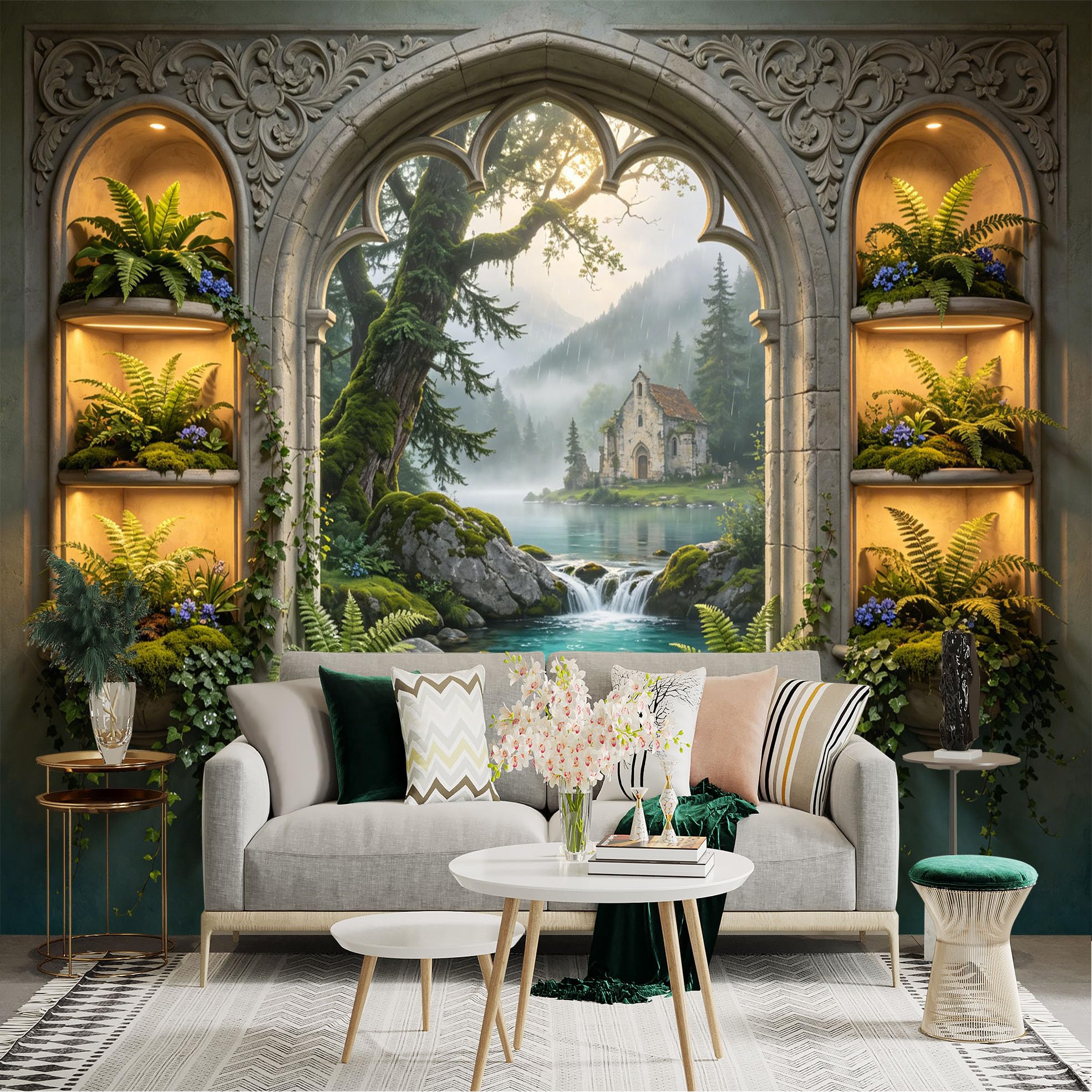 Lnzczhyre Dbh260521113 Custom Size Wall Sticker Mural， Scenic Stone Window View， Lush Forest Cottage By Lakeside， Mystical Waterfall Landscape， For Wall Decoration， Peelandstick Wall Decals.