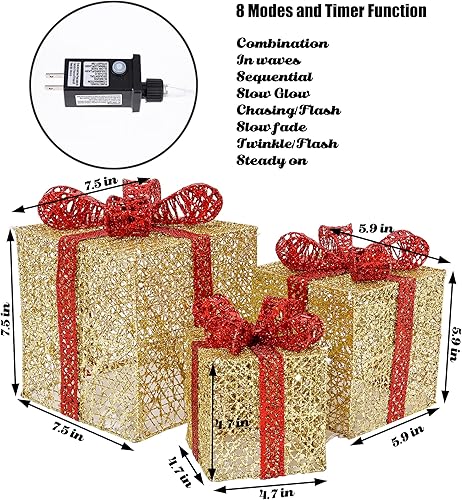 Miniatura 4 de Sunnyglade Juego de 3 cajas de regalo iluminadas de Navidad con lazos, cajas de regalo para Navidad, bodas, patio, hogar, decoración de arte festivo
