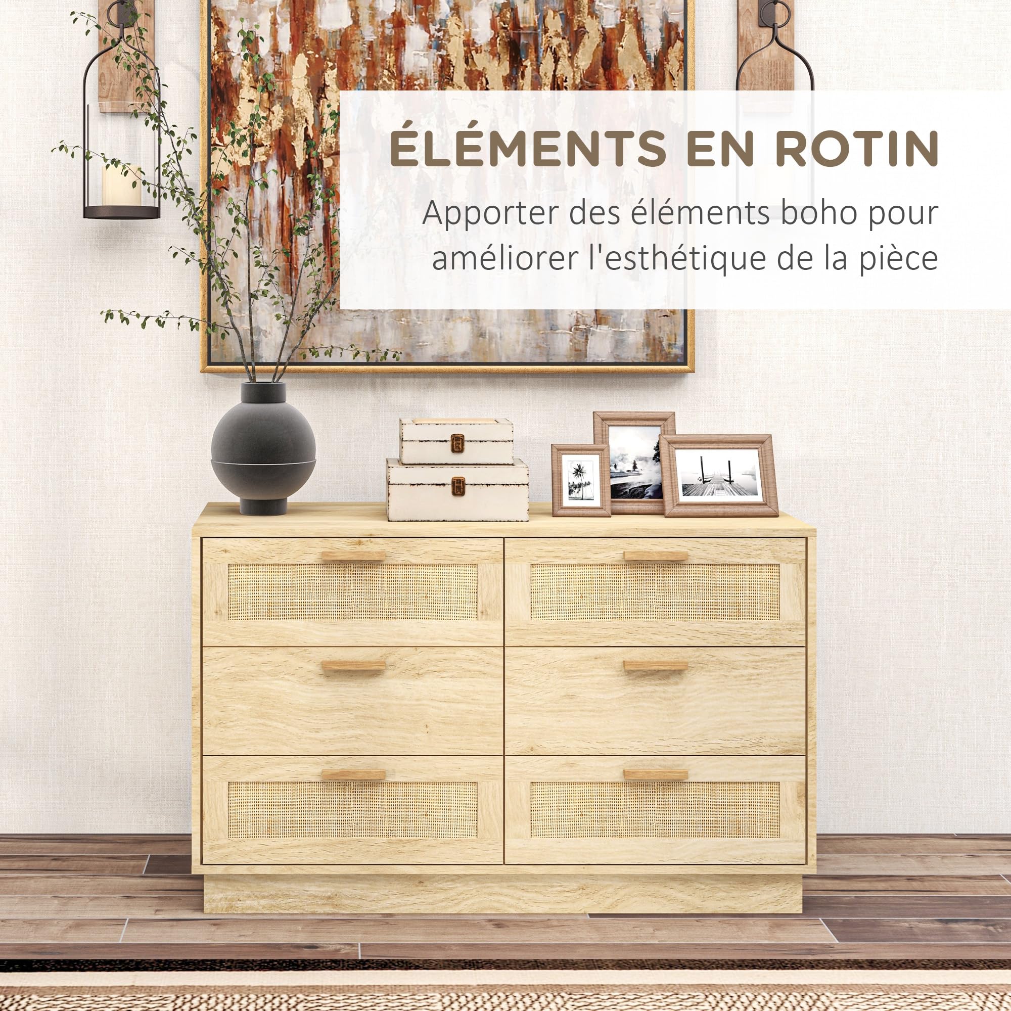 HOMCOM Commode 6 Tiroirs Commode Bois 110 x 40 x 69 cm Chêne | Meuble de Rangement, Style Bohème, Commode en Rotin, Chambre à Coucher, Salon, Entrée