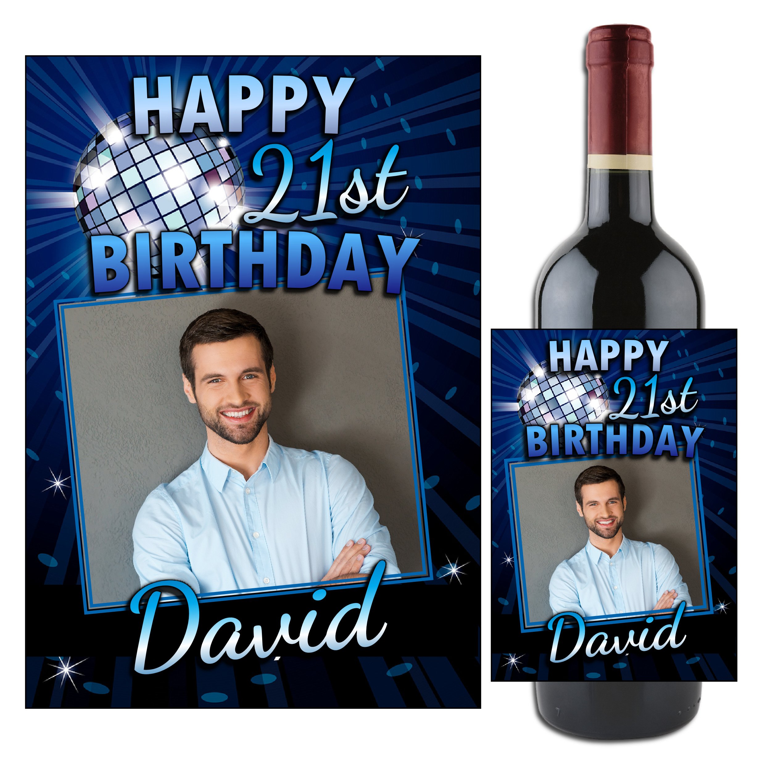 Personalised Blue Glitz Wine/Champagne Bottle Photo Label ~ Happy 18th 21st 30th 40th 50th Birthday Gift Idea for him N98 Any Age