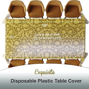 Exquisite Lace Table Cloth Rectangle Table Plastic 12-Pack Lace Tablecloth Rectangular 54 X 108 | Clear & Gold Floral Tablecloth Disposable | Wild Flower Party Decorations & Party Supplies