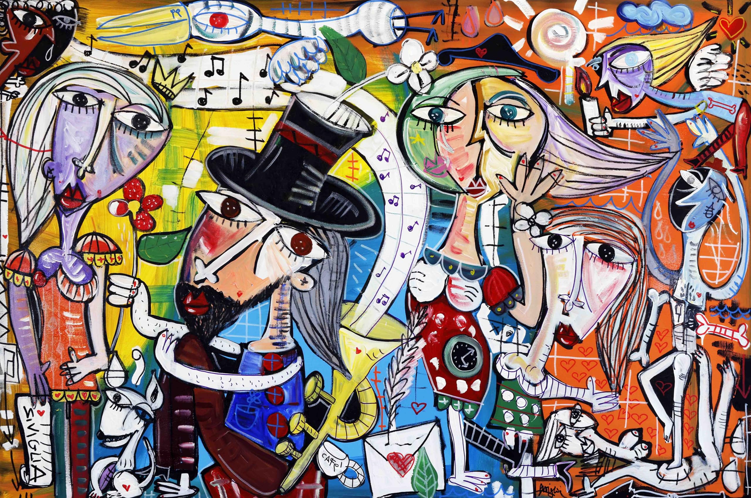 Sivigliart Quadro Moderno Soggiorno Scena Jazz Musicista Figure Cubiste – Stampa su Tela Decorazione Parete
