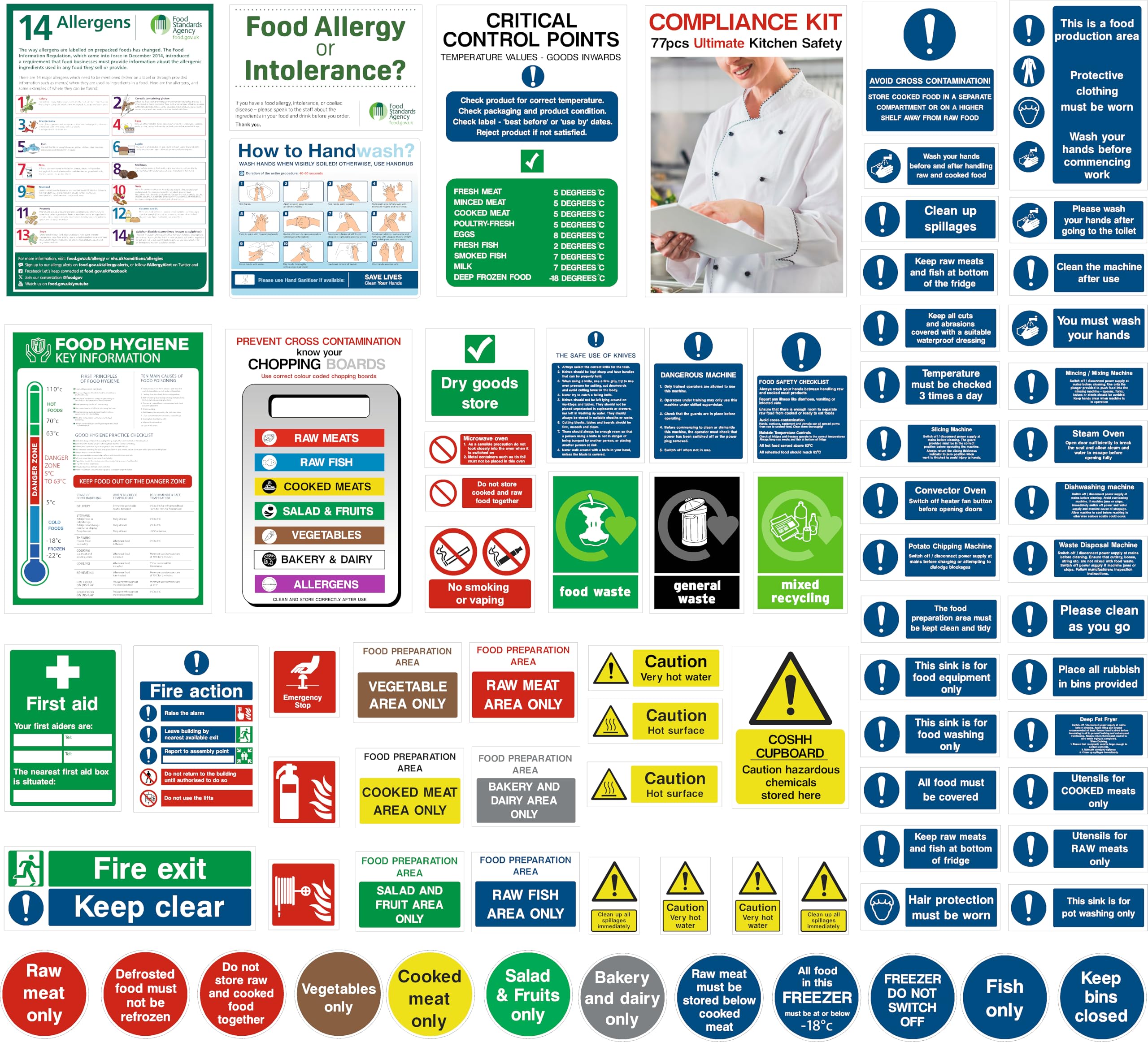 Kitchen Safety Signs, Ultimate kit, 77pcs, Self Adhesive Vinyl, Allergens, Recycling decals, Safety, cover all, Health & Safety Compliant, Waterproof -Oil proof, Food Hygiene, Sign for Kitchens