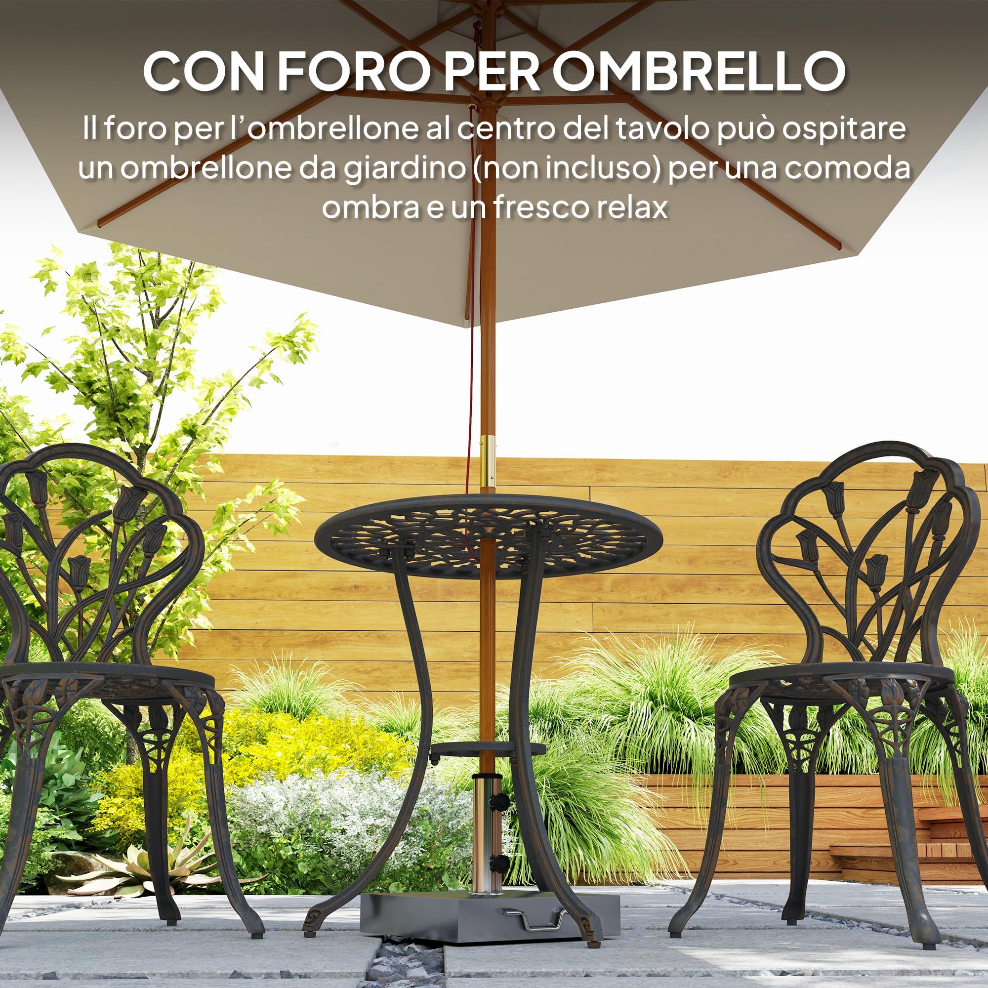 Outsunny Set de terraza de Exterior de 3 Piezas con 2 sillas de jardín y Mesa Redonda con Orificio para sombrilla, Juego de Mesa y sillas de balcón de Aluminio, para Patio, jardín, Bronce | Mesa redonda de exterior con 2 sillas, juego de balcón de alumini