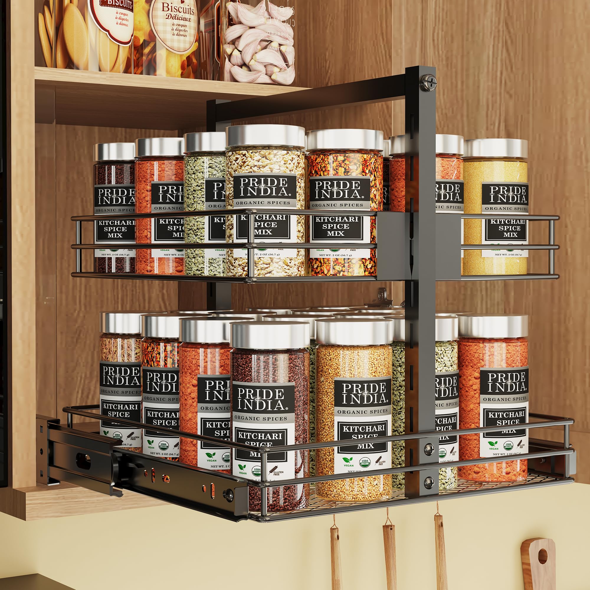 Photo 1 of koozuuyk 2 Tier Pull Out Spice Rack Organizer For Cabinet Kitchen, Adjustable Height Slide Out Spice Rack, Pull-Out Home Organizers 10.83" W x 10.16" D x 10.63" H