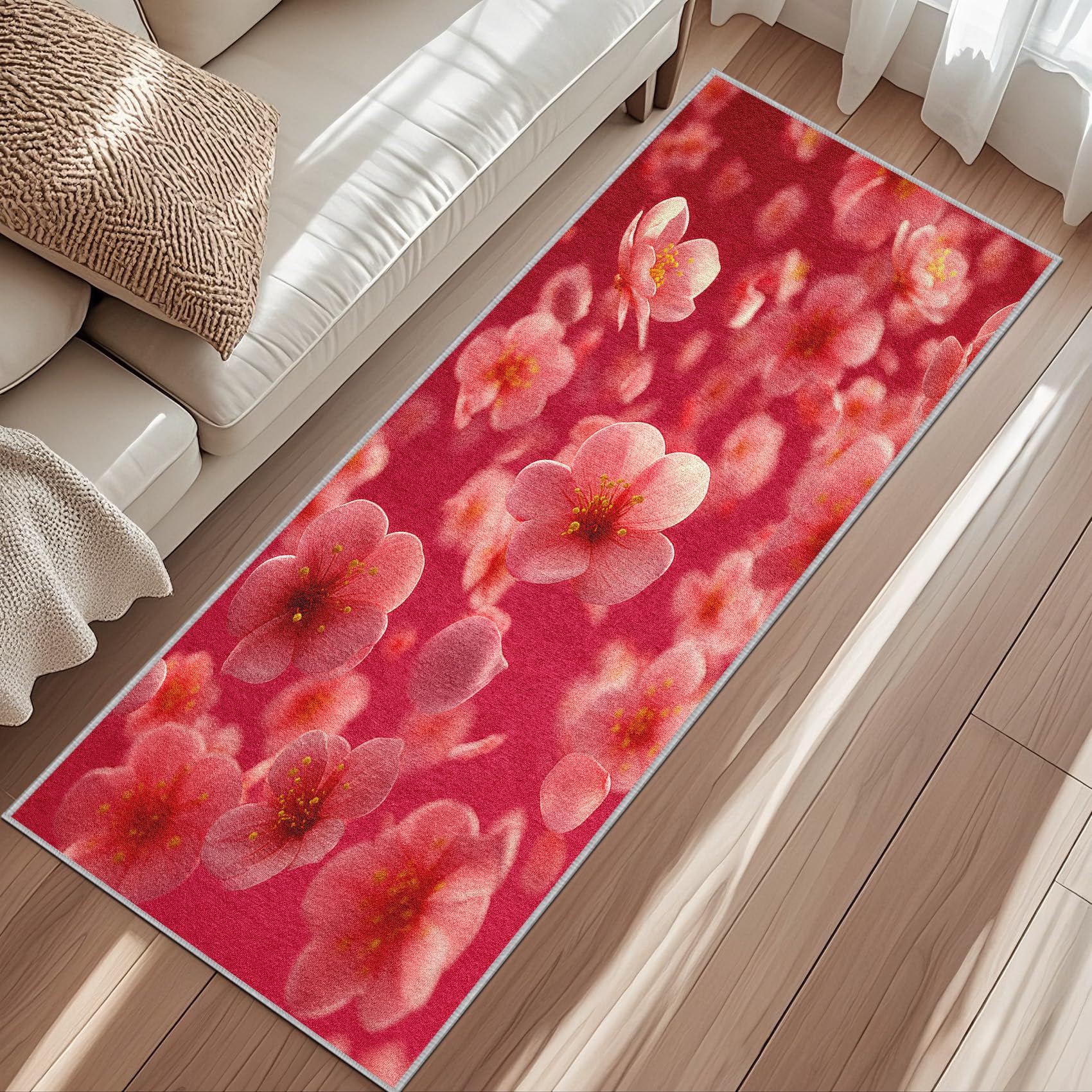 Fleurs de Cerisier Tapis de Couloir Floral Fleurs Tapis de Couloir Long 60 x 120 cm Passage Antidérapant Lavable en Machine D'entrée Chambre Salon Descente de Lit Poil Ras Rug