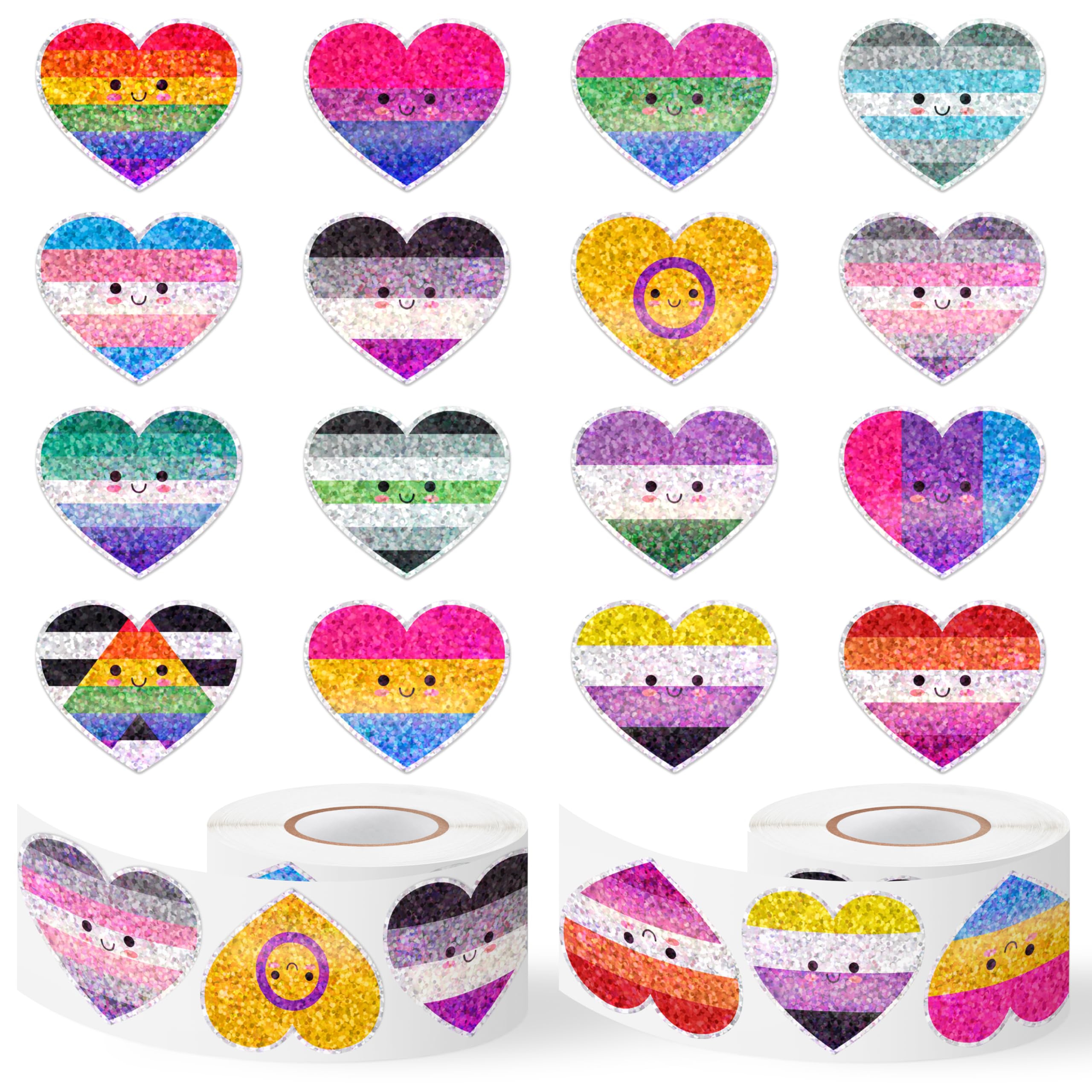 LGBTQ+ Glitter Heart Sticker - 2Rolls Pride Month Smile Design Waterproof Self Adhesive Residue Free Removal for Laptop Water Bottle Scrapbook LGBTQ Gay Bar Party Decoration Craft Decor