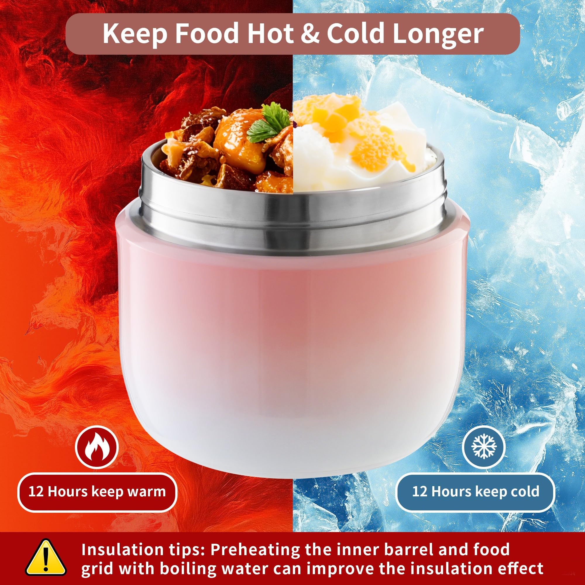 Thermos per Alimenti 1200 ml Contenitore Termico per Alimenti con Cucchiaio Pieghevole Porta Pappa Termico per conservare zuppe, porridge,Riso (Rosa)