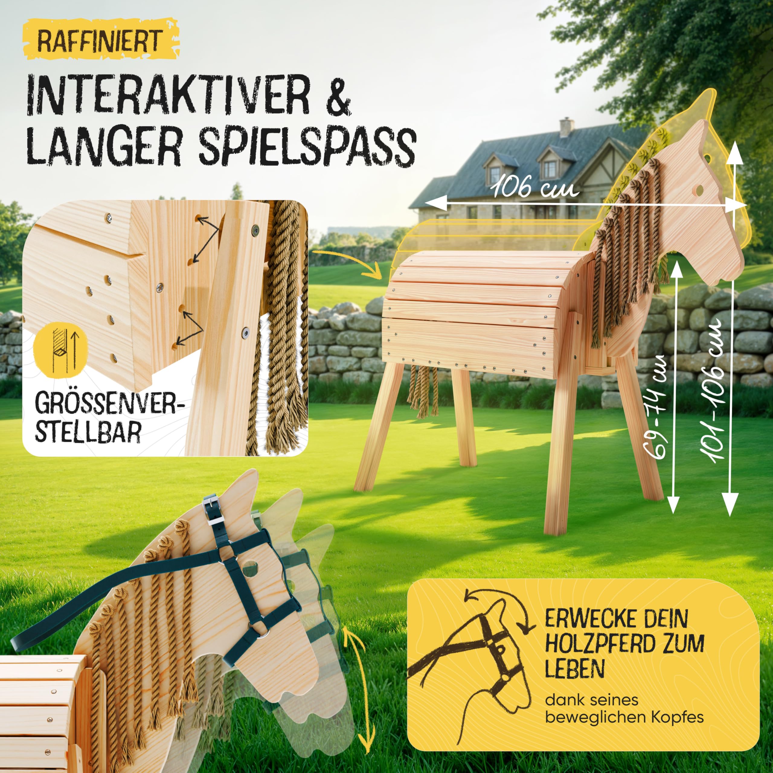 FRIEDO Holzpferd mit Sattel (Sitzkissen) & Pferdegeschirr, Höhenverstellbar | Kleines Spielpferd aus unbehandeltem Holz mit beweglichem Kopf, Holzpferd für draußen im Garten geeignet (101-106cm), Outdoor