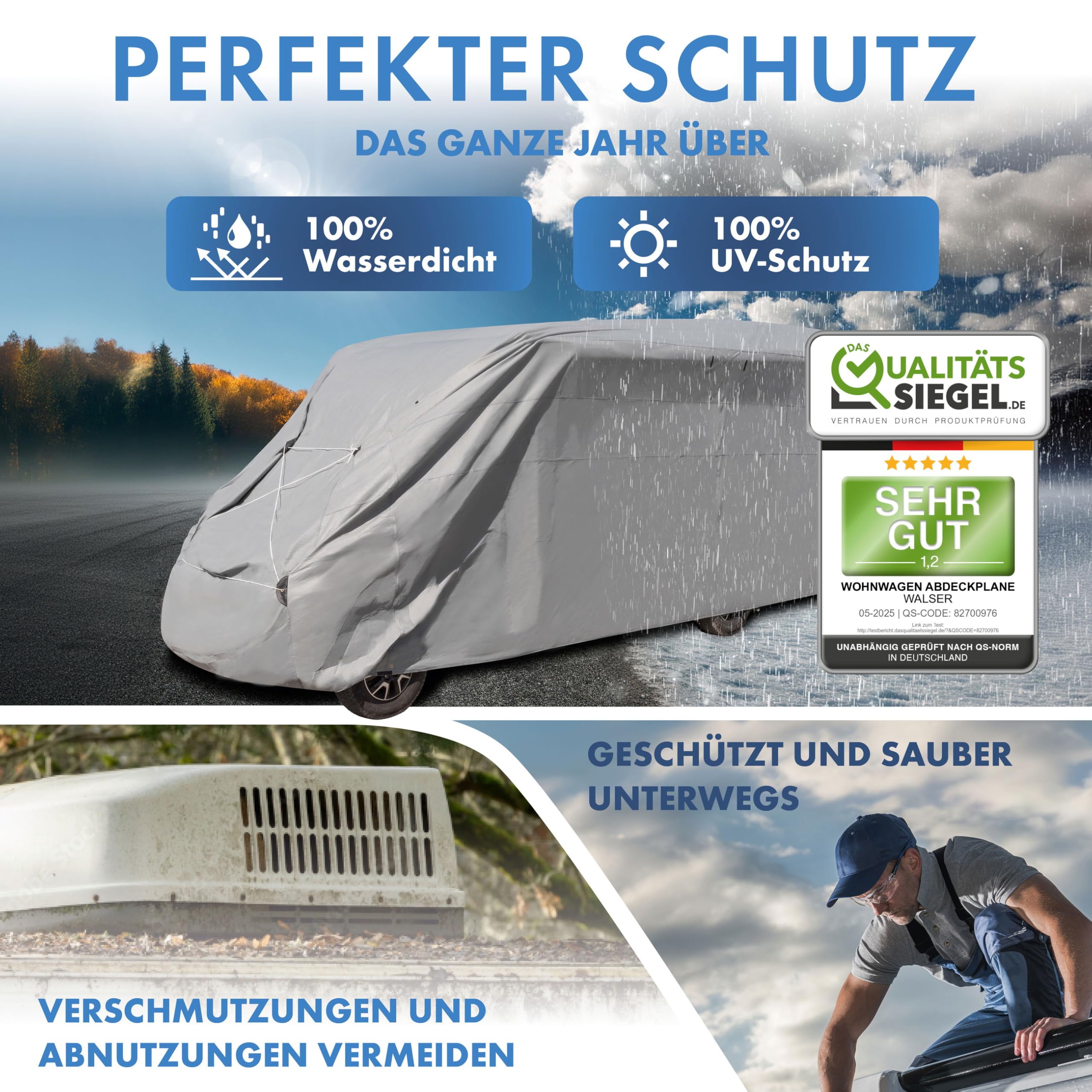 WALSER Premium Teli Copricamper, Telo impermeabile per Camper, Copricamper traspirante e resistente alle intemperie con protezione UV - 730x250x225 cm (Tetto 655 cm)