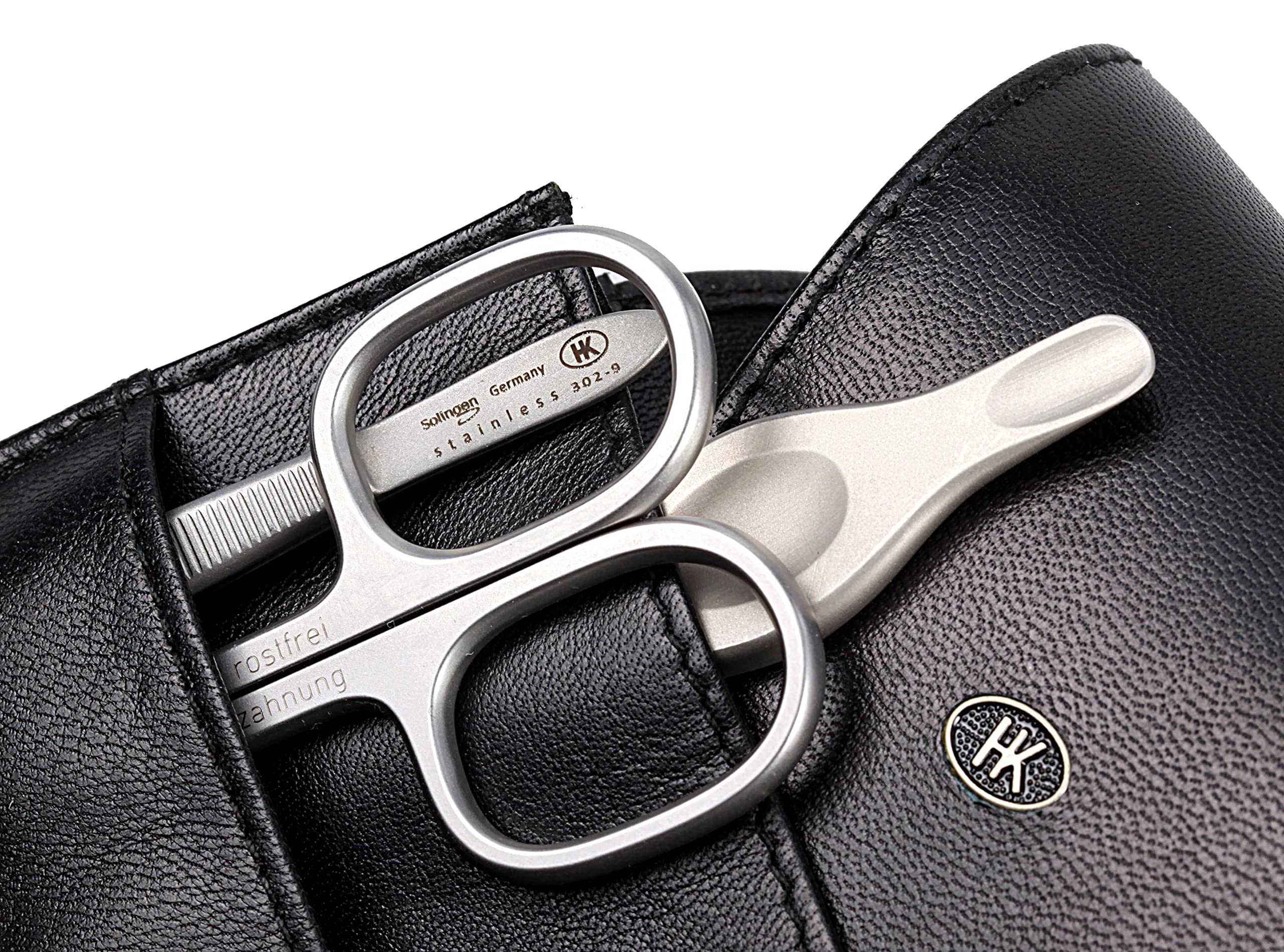 by Hans Kniebes - Taschenmaniküre - 5-tlg. Set mit Nagelschere, Nagelzange, Fußnagelknipser, Nagelfeile, Pinzette - echt Nappa-Ziegenleder