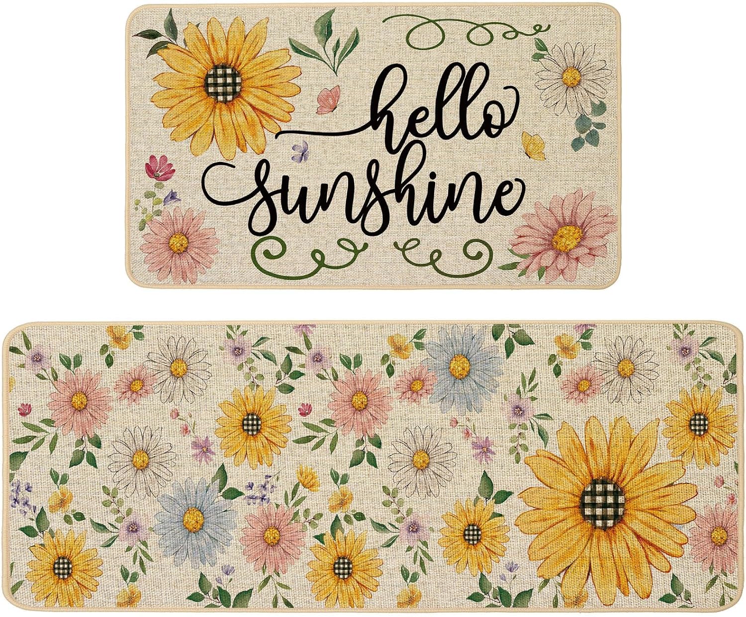 Baccessor Spring Kitchen Rugs Set of 2, Daisy Butterfly Floral Kitchen Mats for Floor Hallway Laundry Sink Low-Profile Spring Holiday Home Decor 17x29 and 17x47 Inch