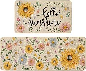 Baccessor Spring Summer Kitchen Rugs Set of 2, Sunflower Daisy Butterfly Floral Kitchen Mats for Floor Low-Profile Summer Holiday Home Decor 17x29 and 17x47 Inch