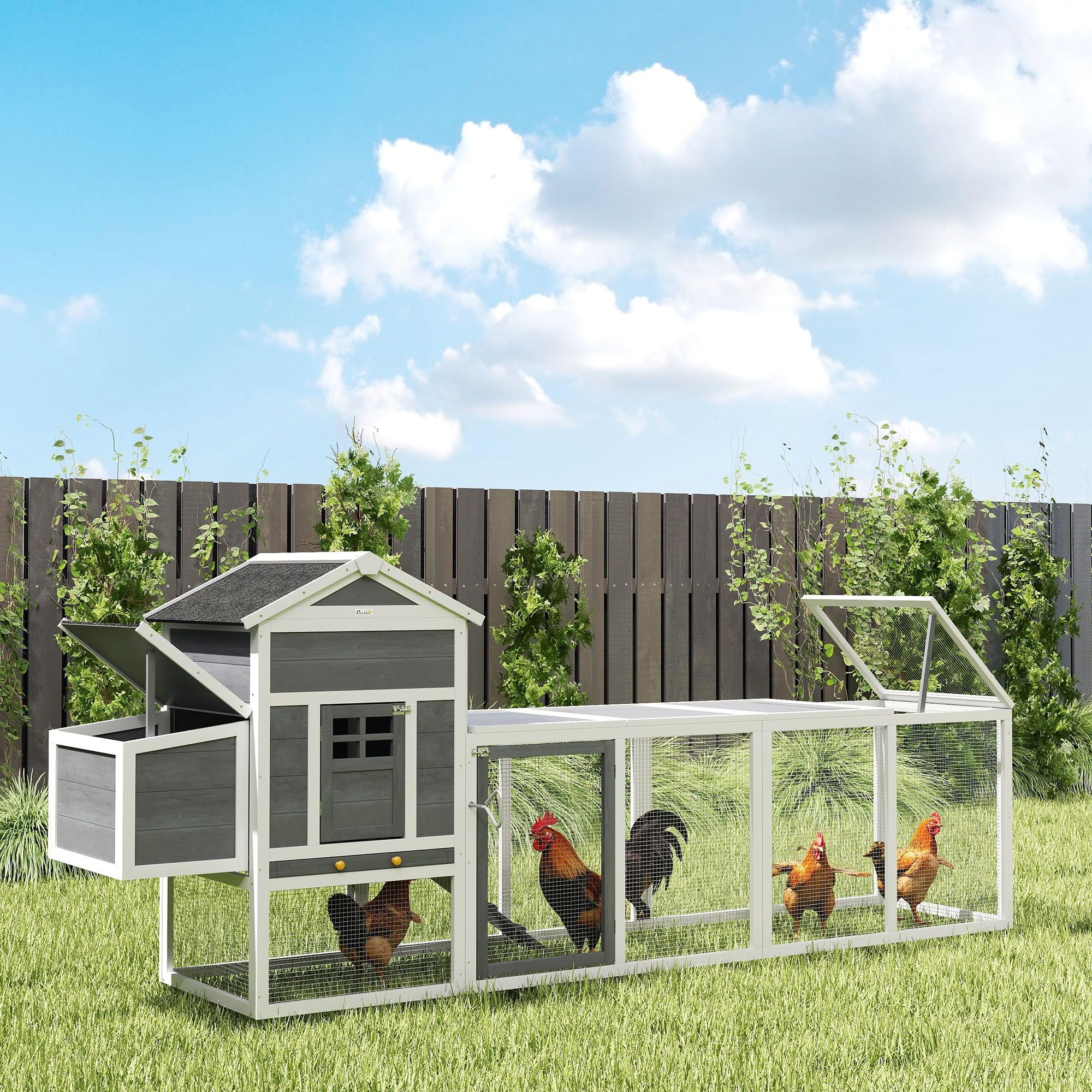PawHut Gallinero Exterior Madera Grande 297,5x68x118 cm para 3-6 Gallinas con Nido Corral Bandeja Extraíble Techo Asfáltico Gris Blanco