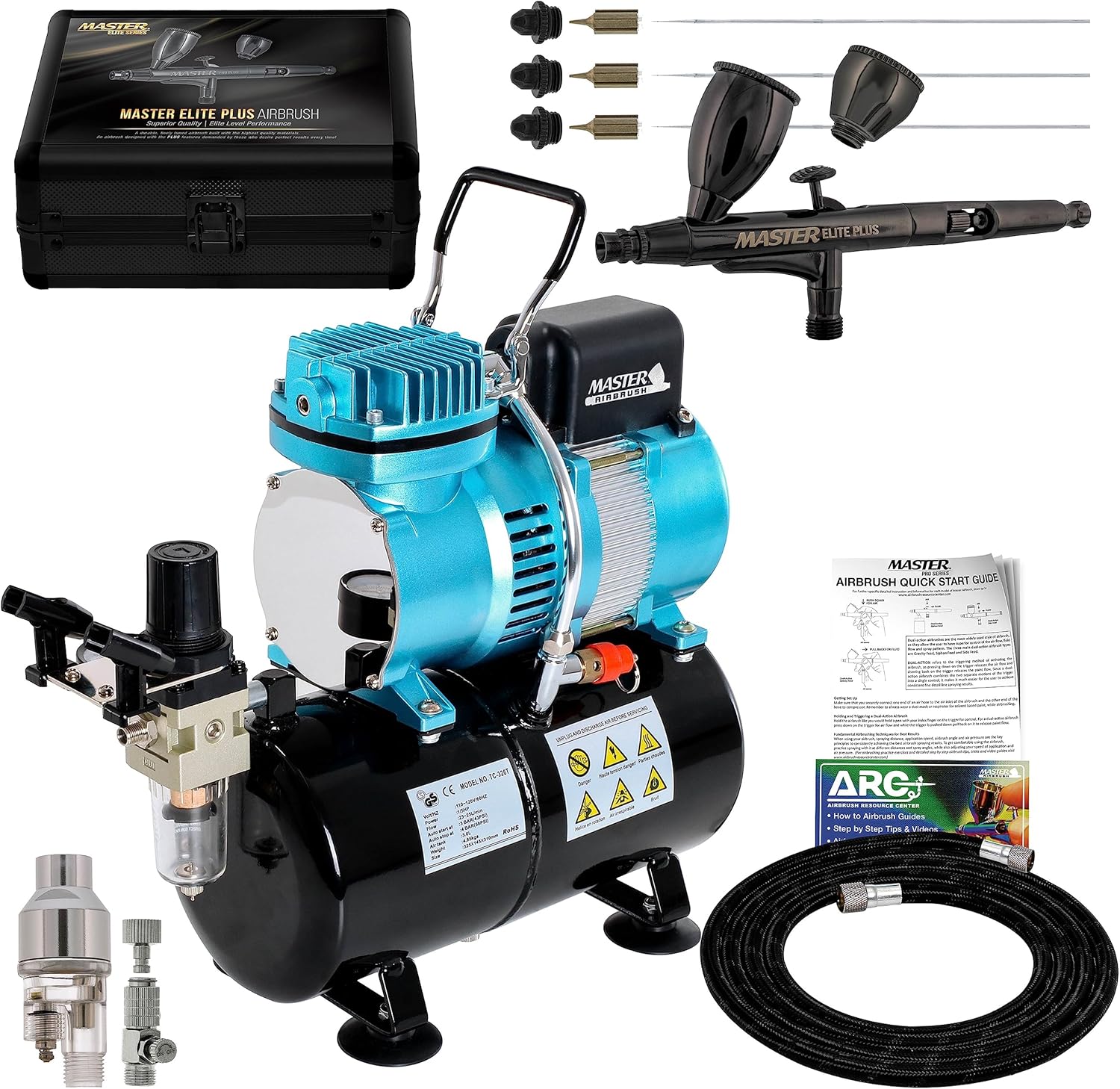 Master Airbrush Cool Runner II Dual Fan Air Storage Tank Compressor System Kit with Master Elite Plus Ultimate Airbrush Set with 3 Tips 0.2, 0.3 and 0.5 mm, Case, Dual-Action, 2 Cups Hose Filter