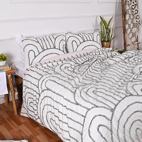 Miniatura 10 de Juego de funda de edredón 100% algodón con textura copetuda a mano, juego de 3 piezas con lazos en las esquinas y cierres de cremallera (blanco