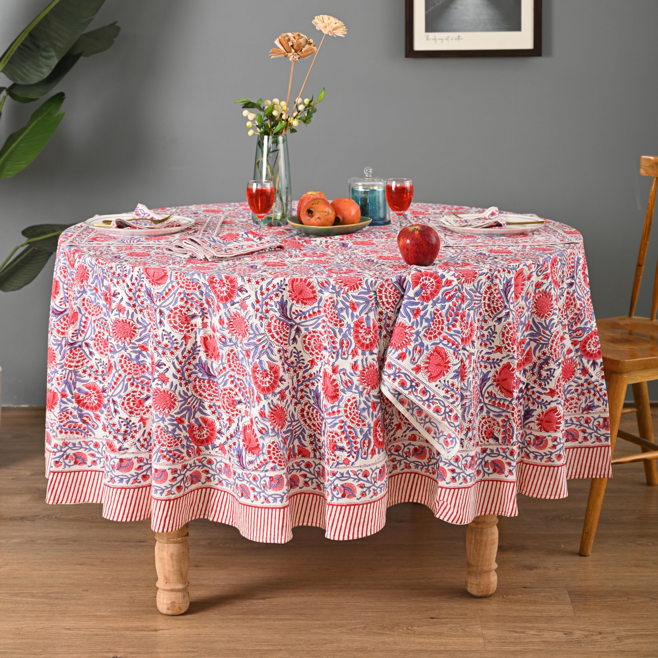 UrbanWeavers Hand Block Printed Tablecloth – Colorful Floral Print | 100% Cotton | Indian Artisan Handmade Art | Dining Room, Kitchen, Outdoor Décor, (Flamingo Pink, 4 Seater 60 Inches Round)