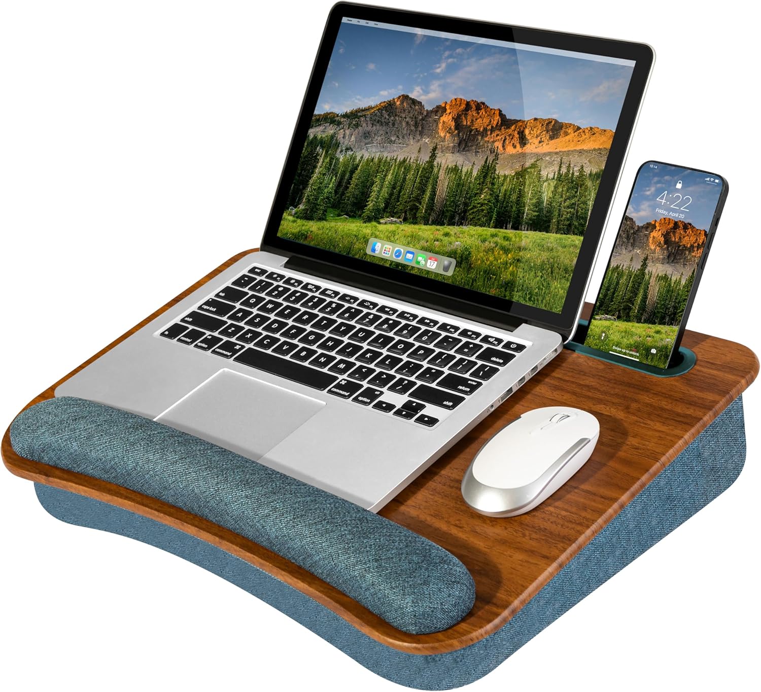 LAPGEAR Portable Laptop Lap Desk with Pillow Cushion, Anti-Slip Strip, Tablet or Phone Storage Slot, Pen and Pencil Pocket, and Wrist Rest – Espresso Woodgrain – Fits 17.3″ Laptops – Style No. 91342