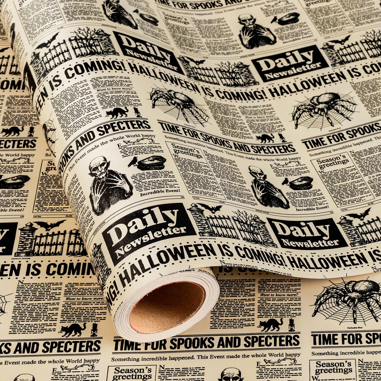 Burymento Halloween Wrapping Paper, Vintage Newspaper Style Halloween GiftWrap, Spooky Gothic Skull Vampire Spider Web Paper for Horror Party, Goth Birthday & DIY Crafts (Mini Roll, 17 In x 16.5 Ft)