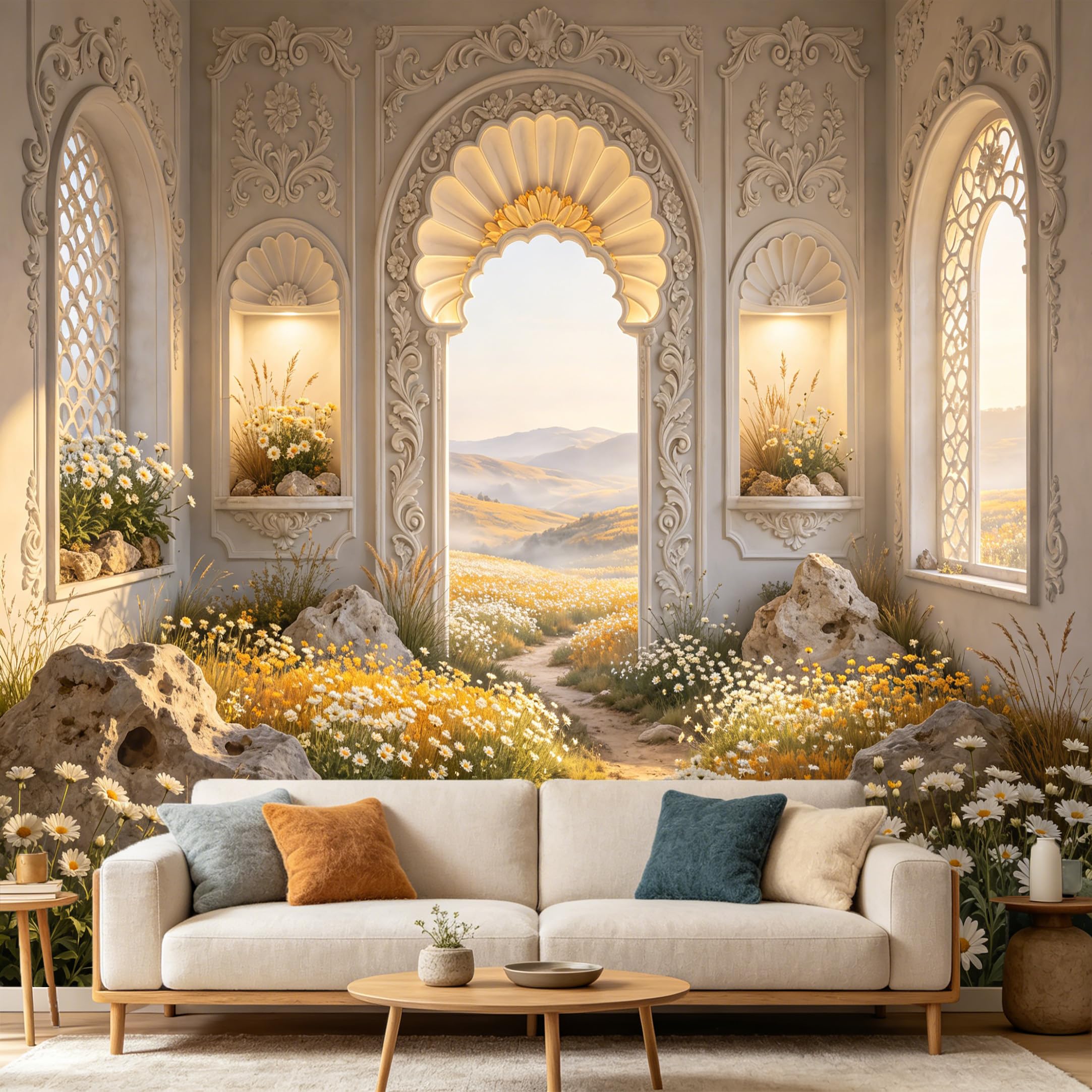 Custom Size Wall Mural， 3D Neoclassical Archway Meadow Mountain View， SelfAdhesive Art Prints wall Fabric Removable Large Wallpaper Home Living Room Decor， Floral Landscape