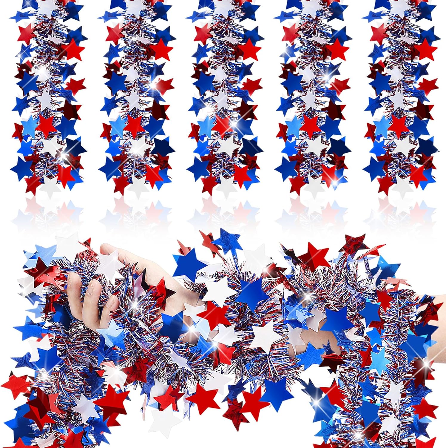 Crowye 2 Pcs 80 Feet 4th of July Tinsel Garland Decoration Red White Blue Patriotic Garland Star Metallic Tinsel Twist 250th Anniversary Independence Memorial Day Hanging Garlands for Holiday