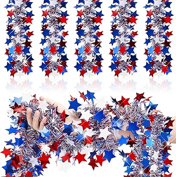 Crowye 2 Pcs 80 Feet 4th of July Tinsel Garland Decoration Red White Blue Patriotic Glitter Garland Star Metallic Tinsel Twist 250th Anniversary Independence Memorial Day Hanging Garlands for Holiday