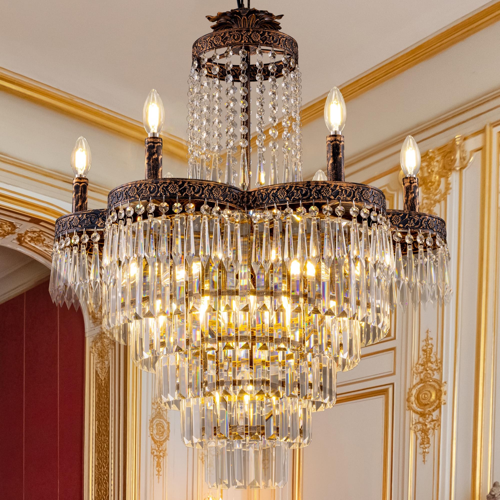 TOCHIC 13 Lights French Empire Crystal Chandelier for Dinig Room, 25" D Vintage Rustic K9 Crystal Ceiling Light Fixture for Bedroom, Antique Bronze Chandelier Light for Living Room Kitchen Foyer