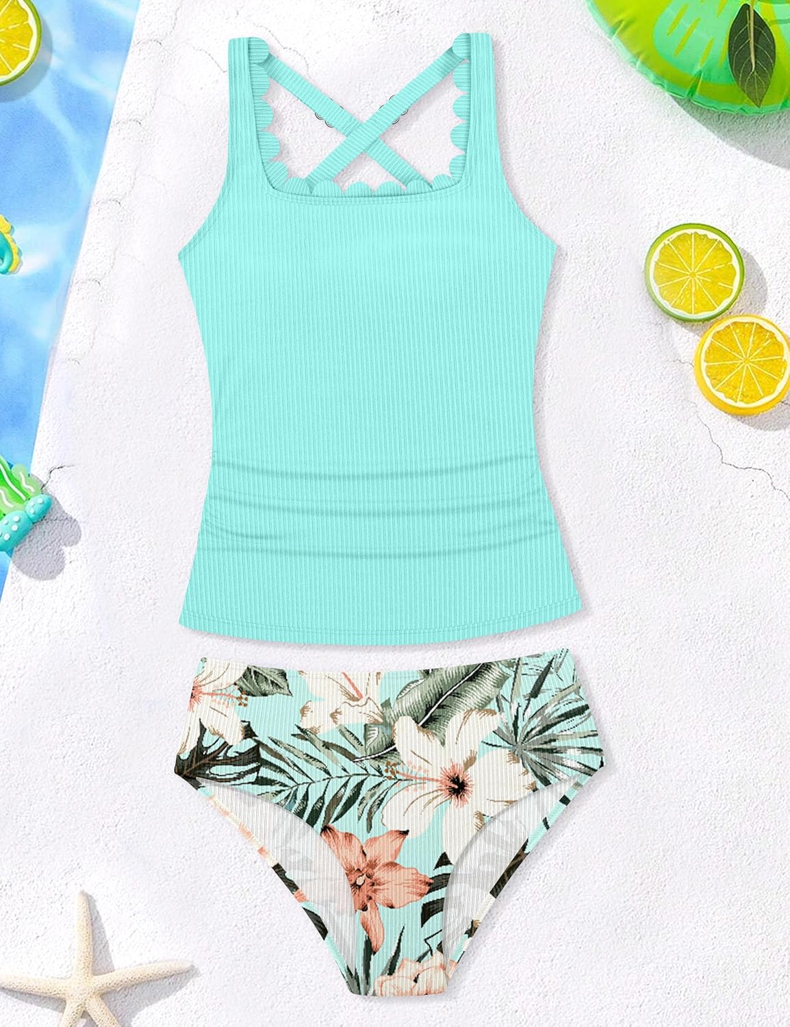 NECIOUS Girls Swimsuit Cute Scallop Trim Bathing Suit Two Piece Solid Color Printed Tankini Sets with Chest Pad 9-16Y - Image 6