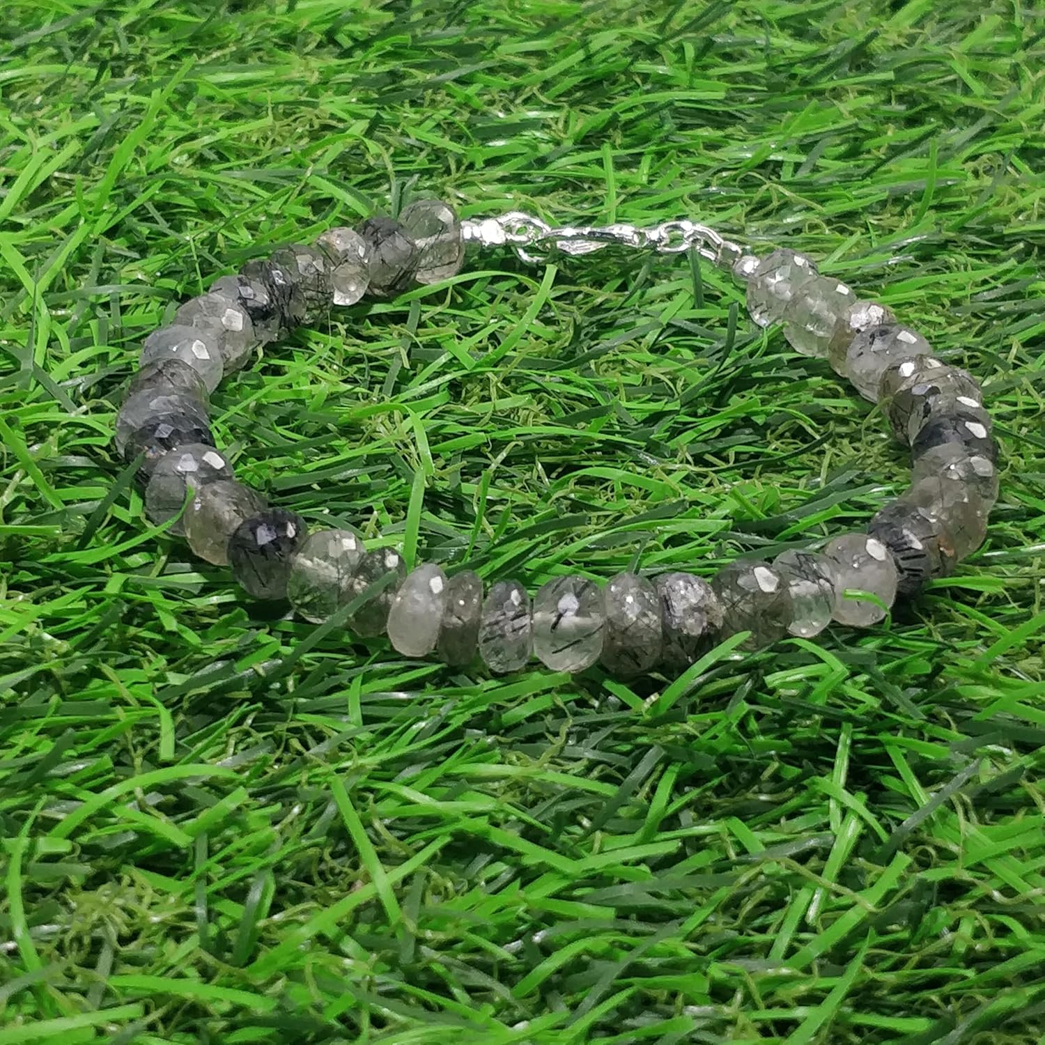 LKBEADS Natural black rutile gemstone 7x5mm stacking bracelet | 7 inch | black color, rondelle shape, faceted cut, stone | with silver plated clasp | handmade jewellry |LK_ESK_00108