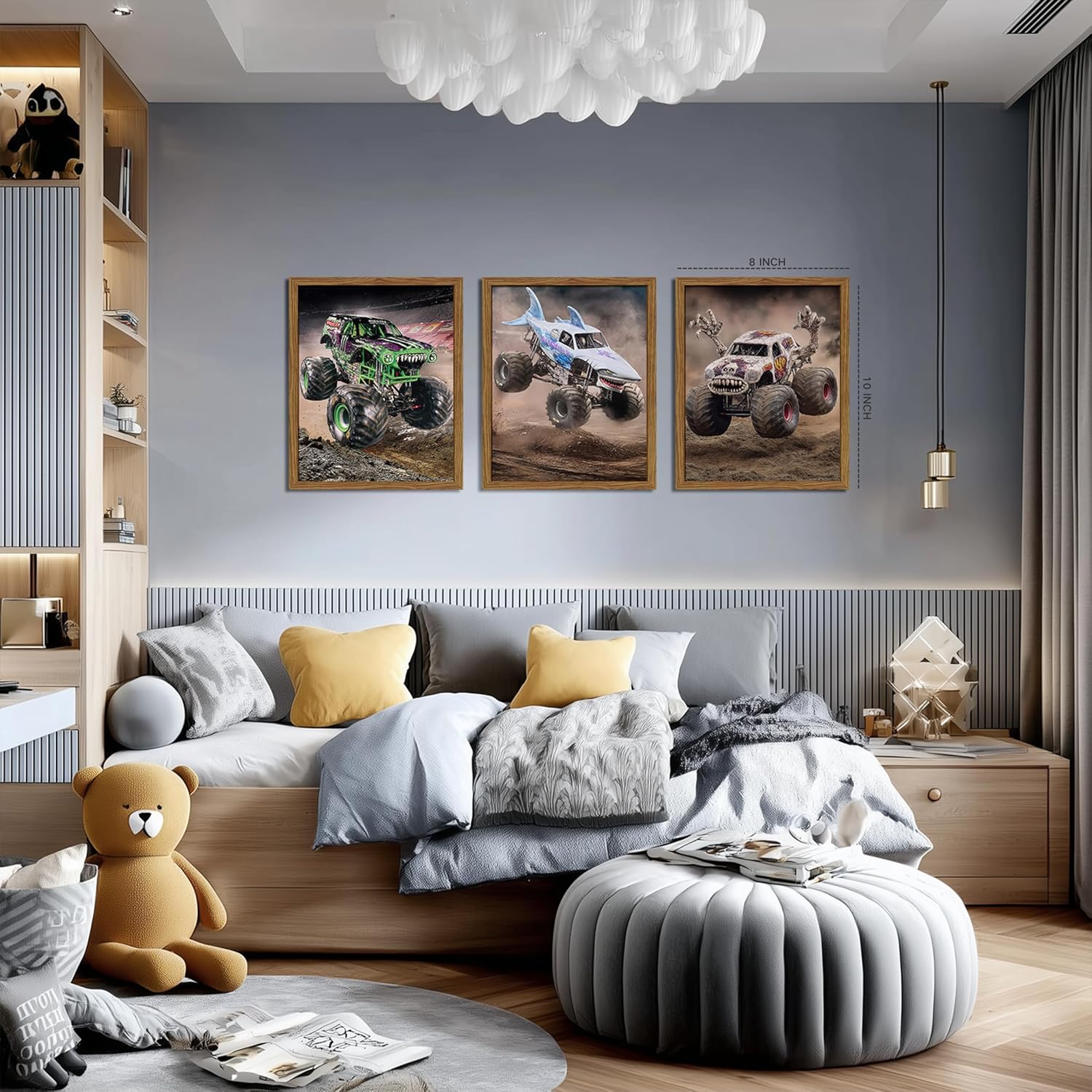 Monster Truck Room Decor for Boys - Framed Monster Jam 3PC Truck Poster Car Pictures Themed Canvas Prints Men Playroom Vehicle Painting Wall Art Room Decor For Little Boys Bedroom