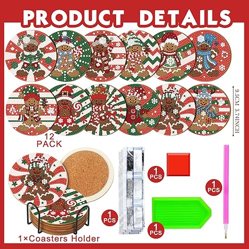 Miniatura 2 de 12 posavasos de arte de diamantes de Navidad, clásicos con elementos de Navidad, posavasos de pintura de diamantes con soporte, kit de pintura de