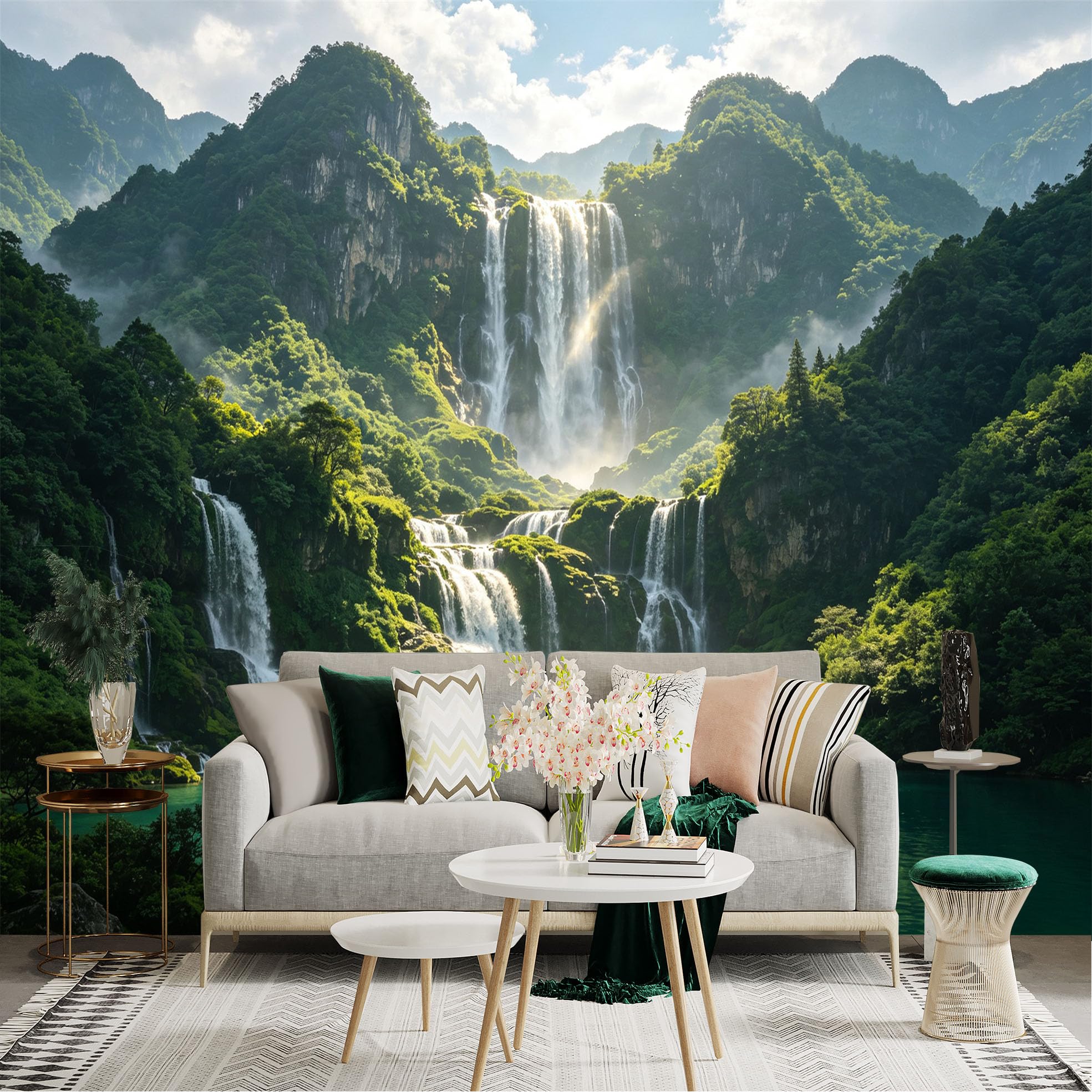 Custom Size Wall Sticker Mural， Majestic Waterfall in Lush Mountain Forest， Tropical River Landscape， Nature Scenery， for wall Decoration， peelandstick wall Decals.