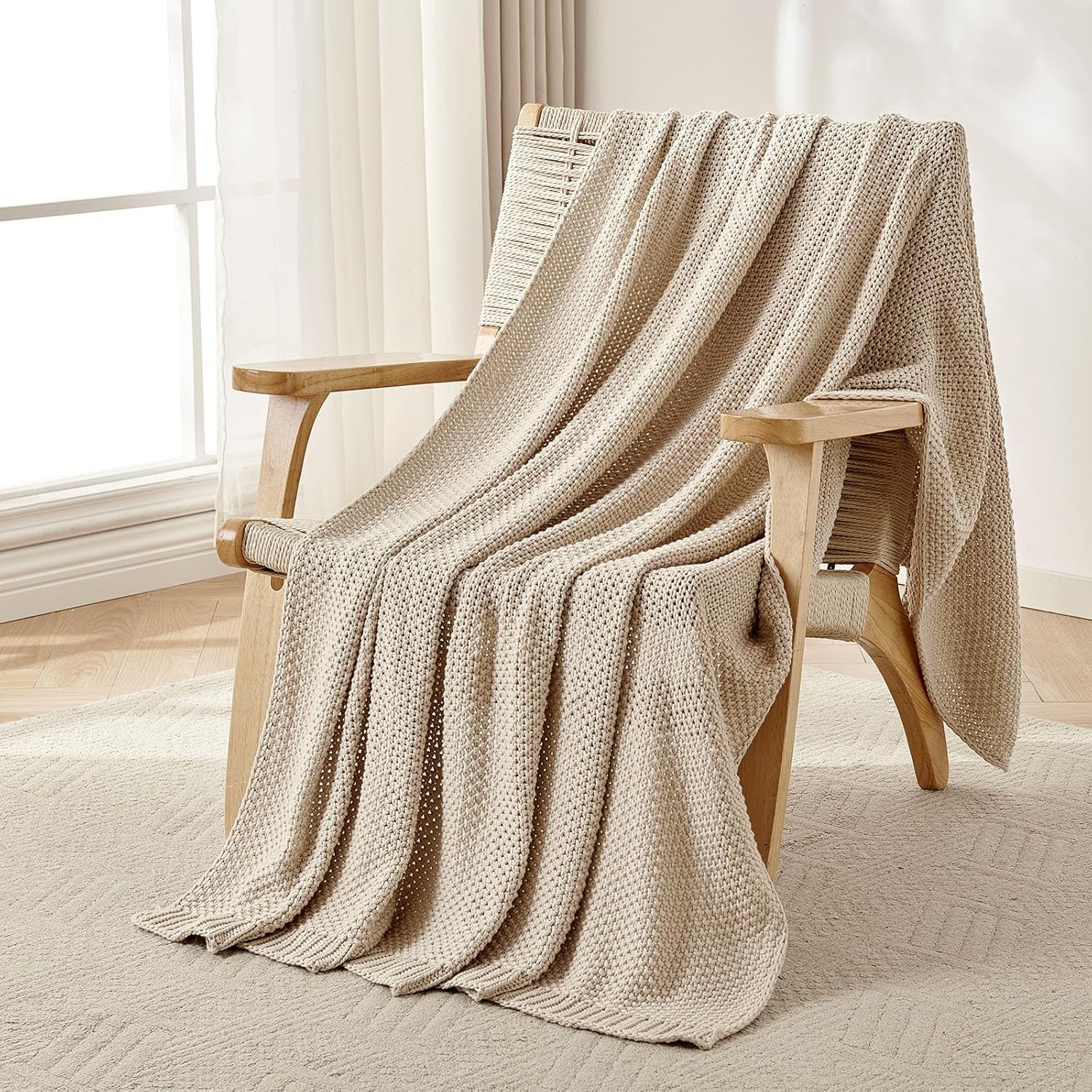 joydeco chunky cable knit throw blanket, lightweight 100% organic cotton soft cozy throw twin blanket for couch bed and sofa, rustic breathable farmhouse blanket gift for women men(beige, 60"x80") beige twin (60" x 80")