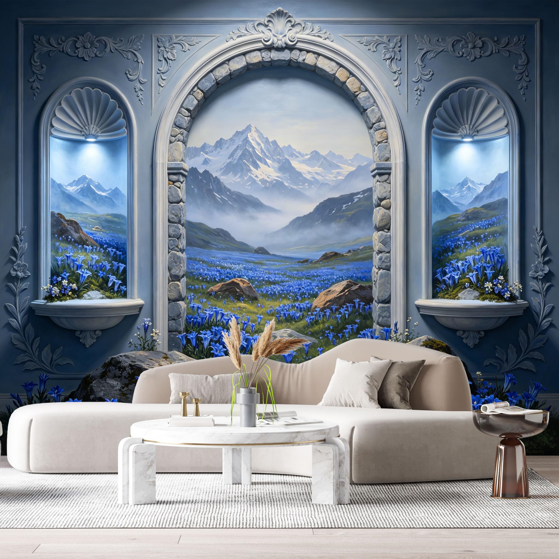 Custom Size Wall Murals Mountain Lake View Blue Flower Stone Arch 3D Trompe L'Oeil SelfAdhesiveWall Fabric Removable Wallpaper Wall Decor for Living Room Bedroom Bathroom