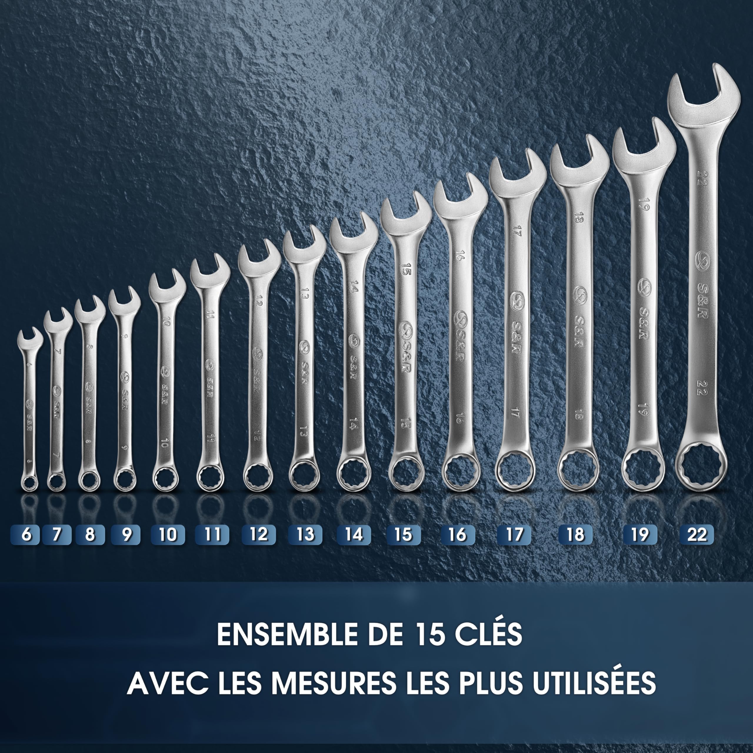 S&R Cle Plate 6-22 mm. 15 Clés Mixtes Clés Plates à Fourche et Anneau. Jeu de Clef Polygonales outillage mecanique auto Qualité Industrielle