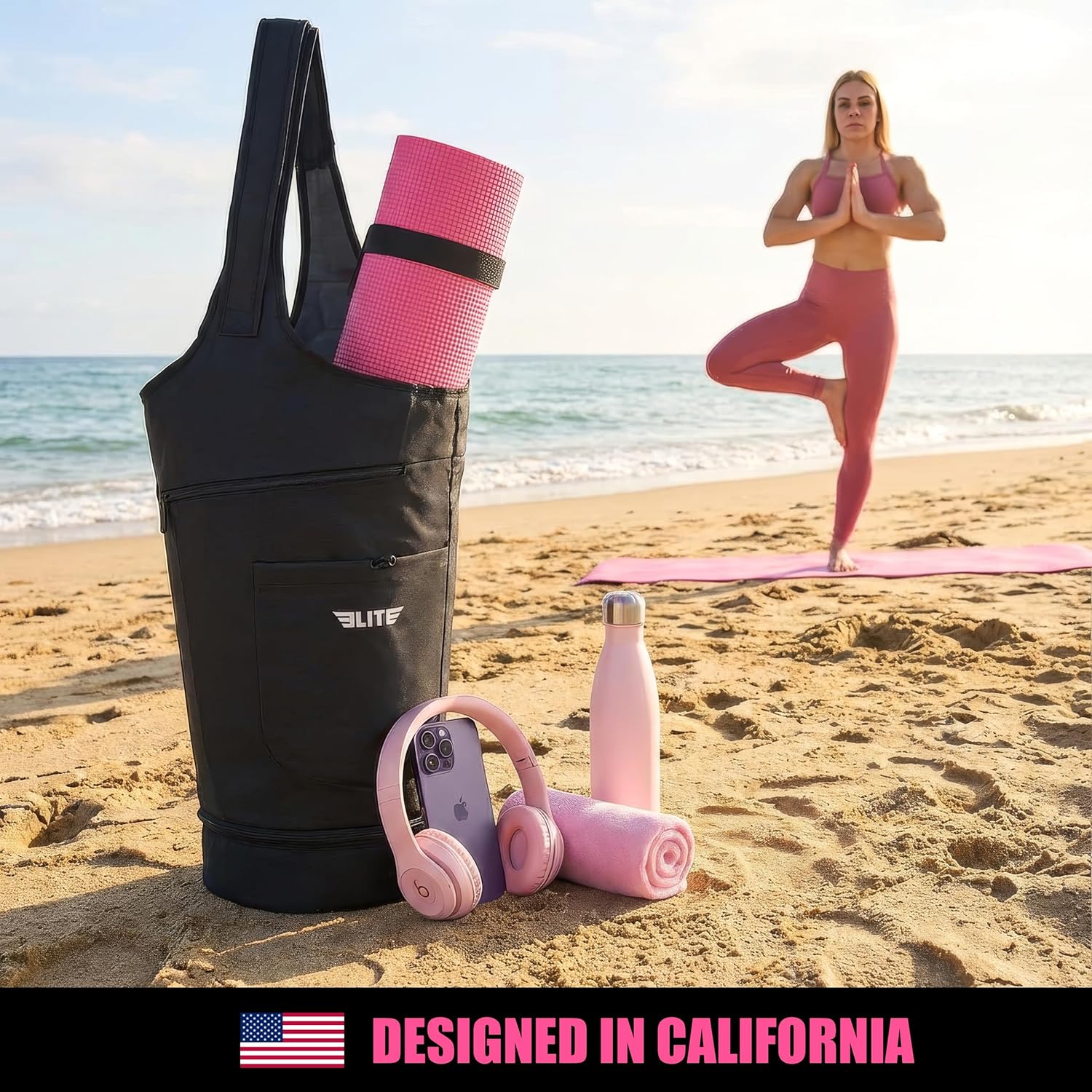 Elite Yoga Mat Bag for Women & Men, Yoga Gym Bag with Wet Pocket, Bottle & Zipper Pockets, Yoga Workout Essentials Carrier Yoga Bag with Mat Straps, Adjustable Shoulder Straps Carry on Sports Bag - Image 5