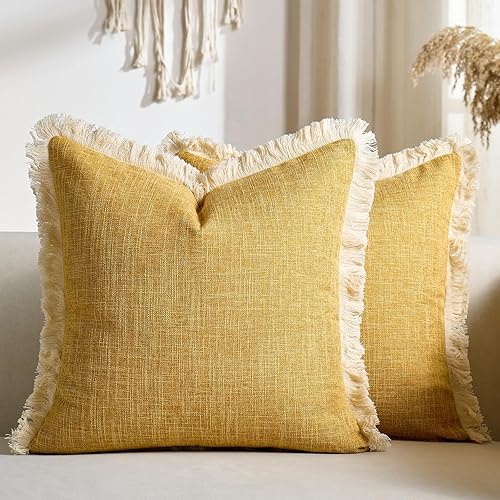 Juego de 2 fundas de almohada de lino sintético de 20 x 20 pulgadas, color amarillo mostaza, fundas de almohada decorativas de estilo bohemio con