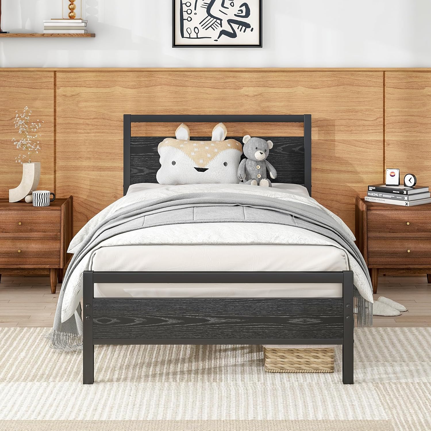 BOFENG Black Twin Platform Bed Frame with Wood Headboard and Footboard,Heavy Duty Metal Single