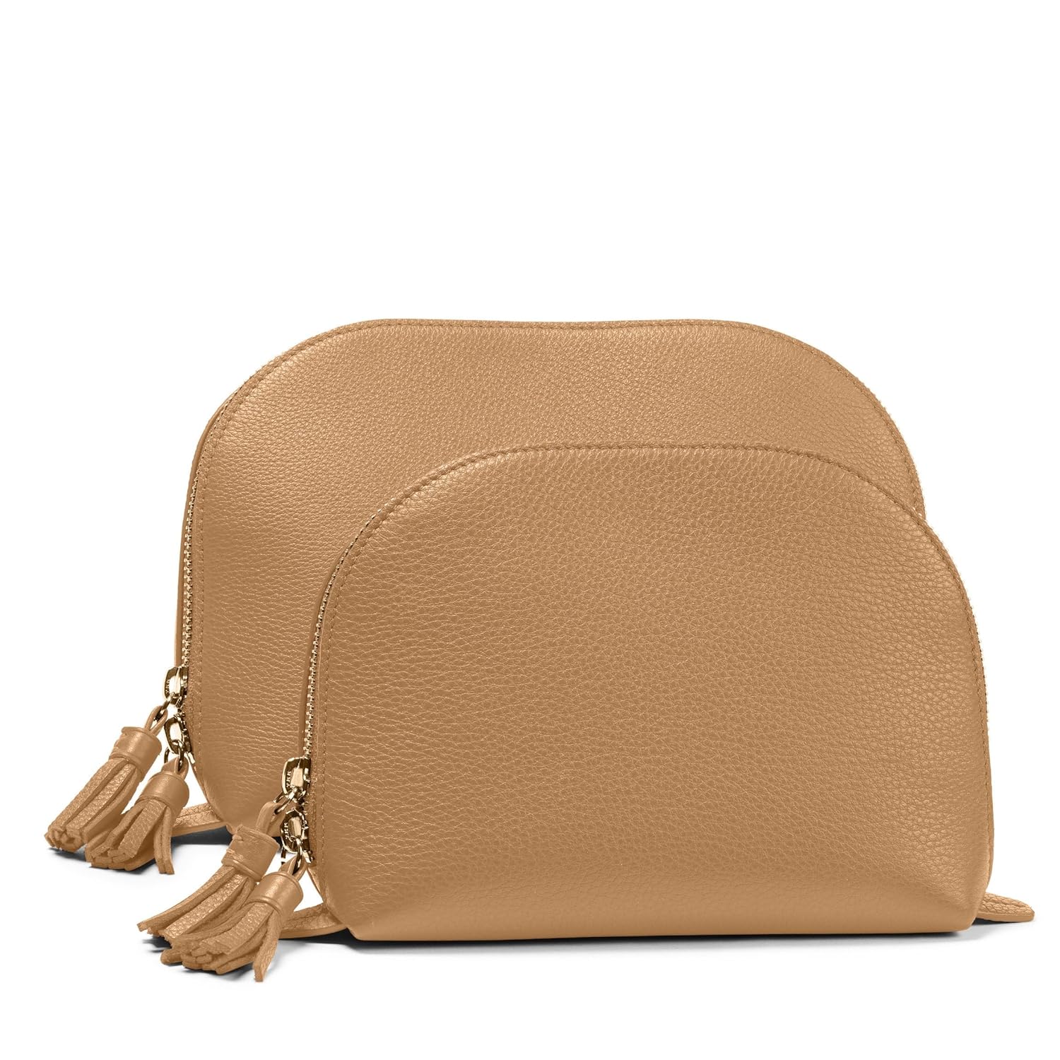 Leatherology Camel Medium Clamshell Makeup Bag – Leather Cosmetic Case with Waterproof Lining, Interior Zip Pocket & Double Tassel Zippers – Travel & Vanity Organizer