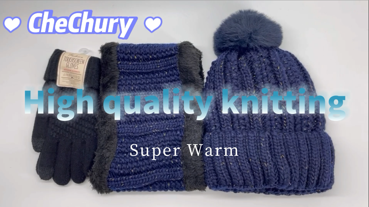 CheChury Ensemble Bonnet Écharpe Et Gants Hiver Tricotés Avec Pompom - Chauffant Et Écran Tactile