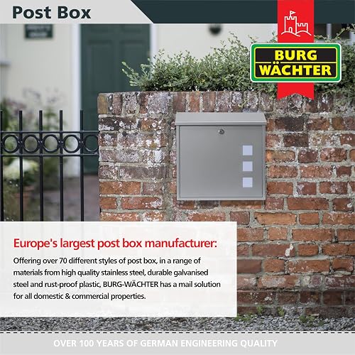 Burg-Wachter MB08S Aire Wall Mounted Galvanised Steel Lockable Weatherproof Post Box - Silver - 37x36x11cm - 5