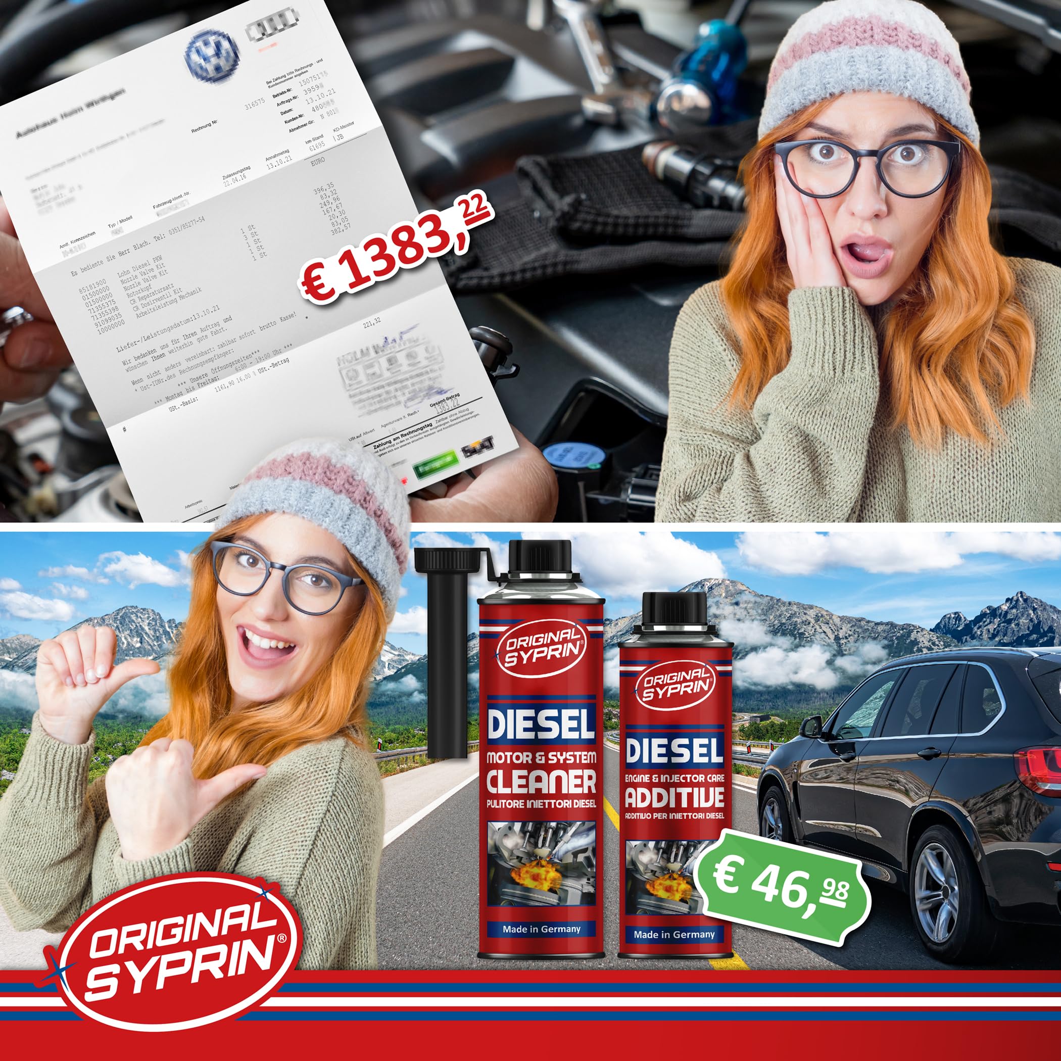 SYPRIN Pulitore Iniettori Diesel, ottimizza e pulisce iniettori, ugelli di iniezione, filtri antiparticolato Diesel, Dpf - additivo 1x500ml