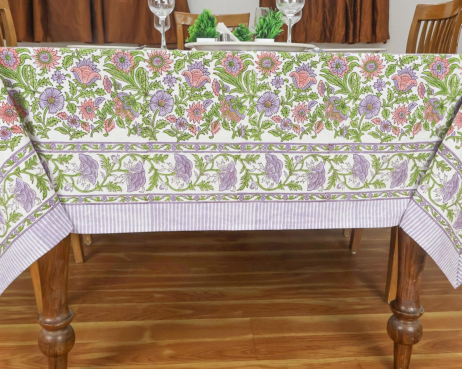 60x60 Inches Square Hand Block Printed Cotton Tablecloth, Purple Pink Floral Table Cloths Washable, Indian Table Linen for Valentine Thanksgiving Gifts Home Decor Dinning Outdoor
