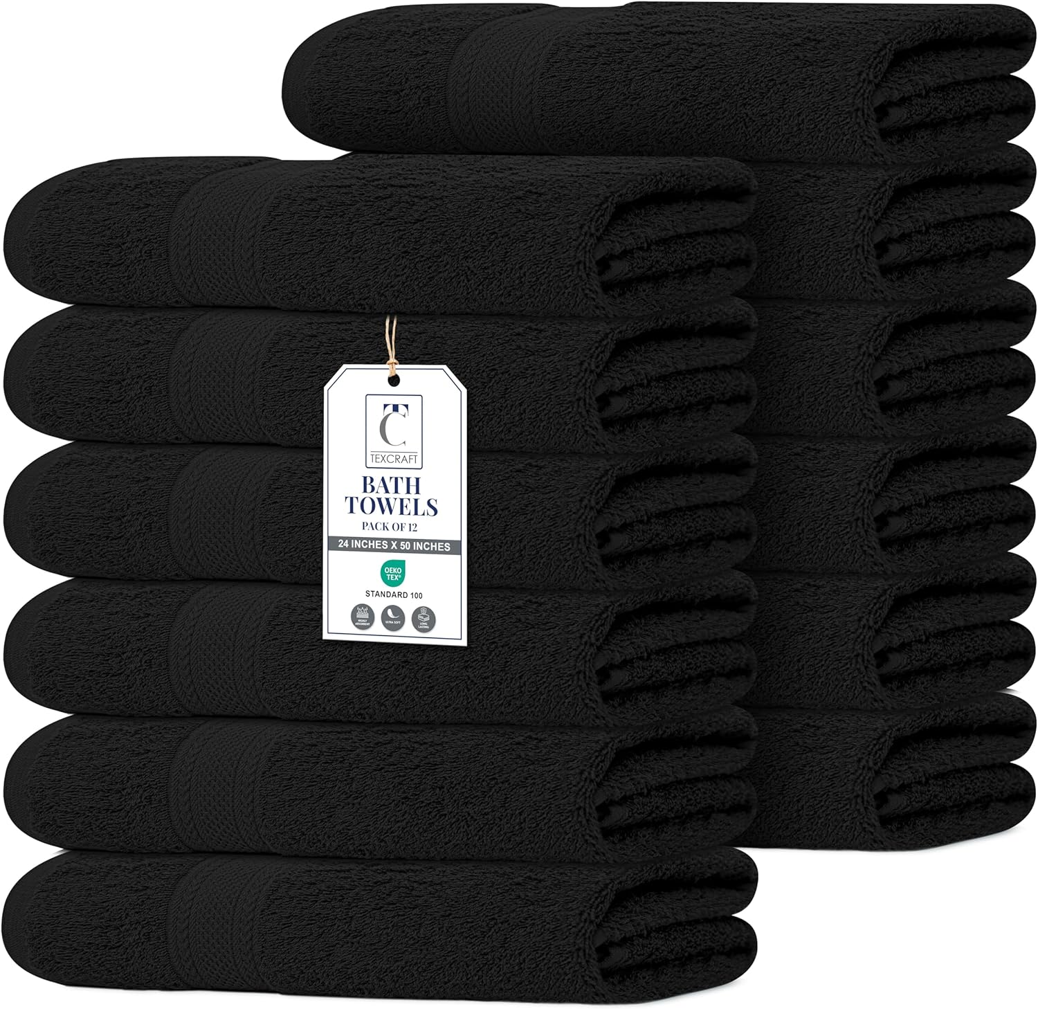 Commercial Bulk Pack of 12 Large Bath Towels – 100% Cotton Terry 24" x 50" – Ideal for Hotels, Salons, Gyms, Spas & Institutional Use – Black