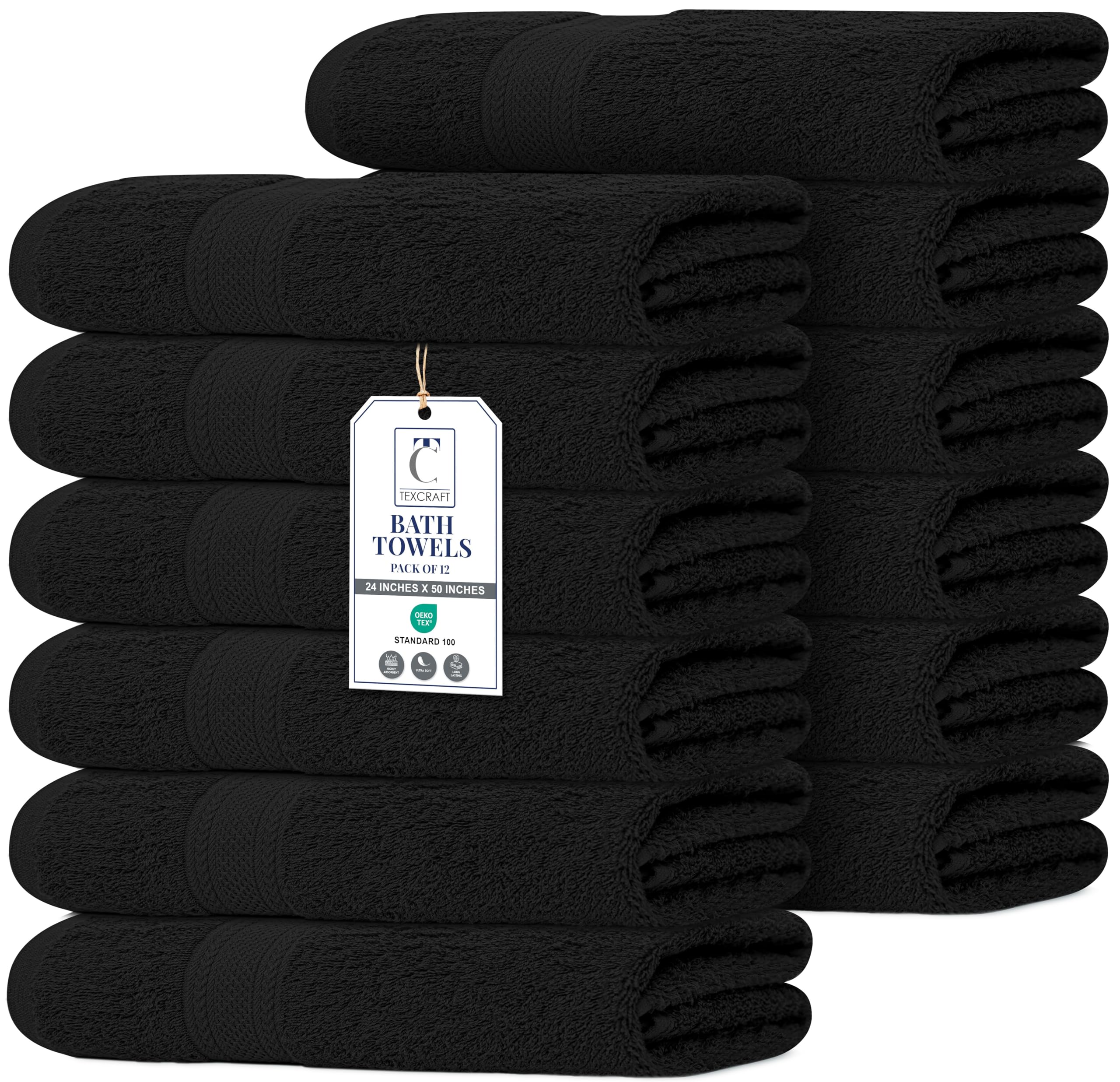 TEXCRAFT Commercial Bulk Pack of 12 Large Bath Towels – 100% Cotton Terry 24" x 50" – Ideal for Hotels, Salons, Gyms, Spas & Institutional Use – Black