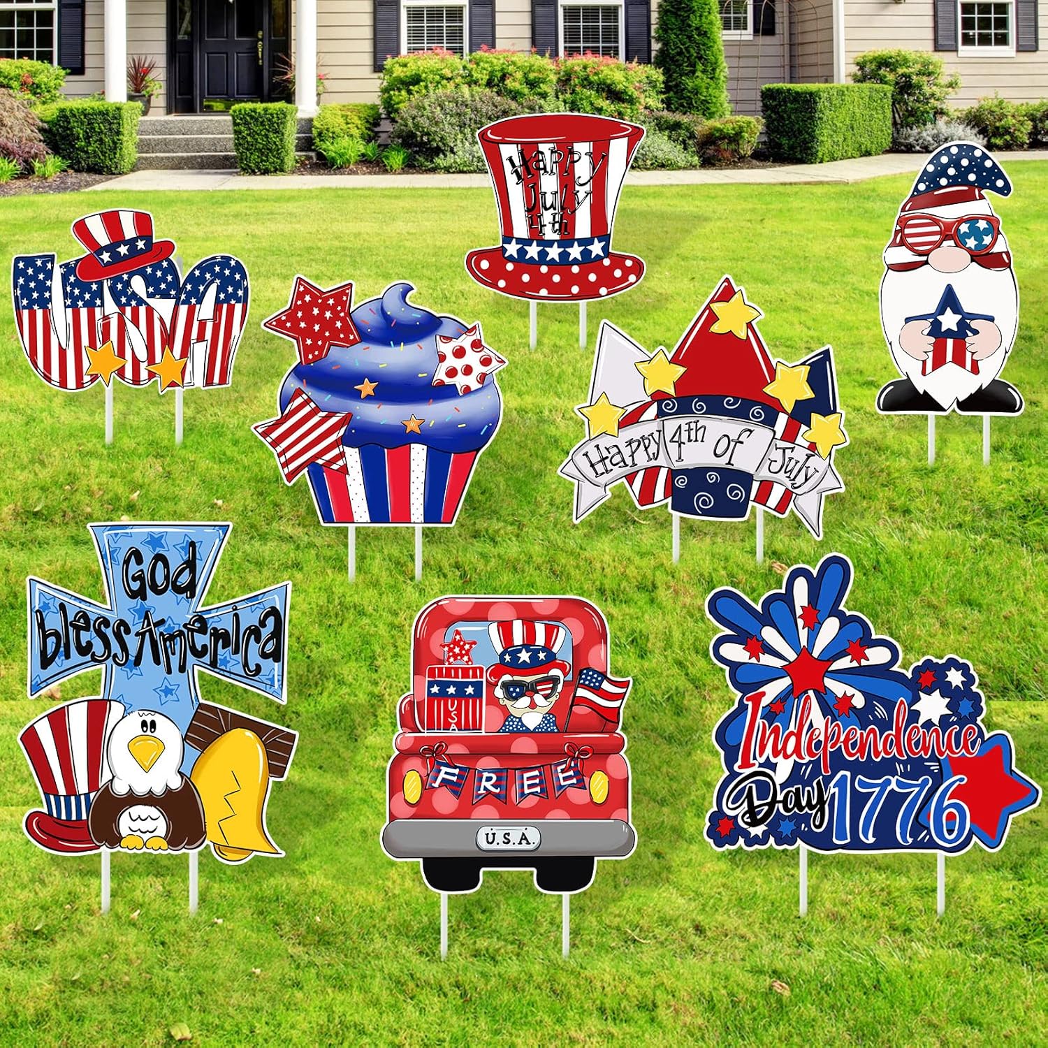 8 Pieces 4th of July Yard Signs Independence Day Patriotic Gnome Outdoor Decoration