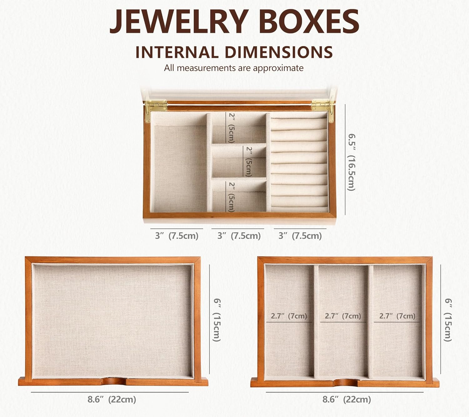 Jewelry Box with Glass Lid, 3 Layer Jewelry Organizer for Women, Solid Wooden Jewelry Box Display for Ring Earrings Necklace Bracelet, Pine Wood Jewelry Boxes Vintage Style for Gifts