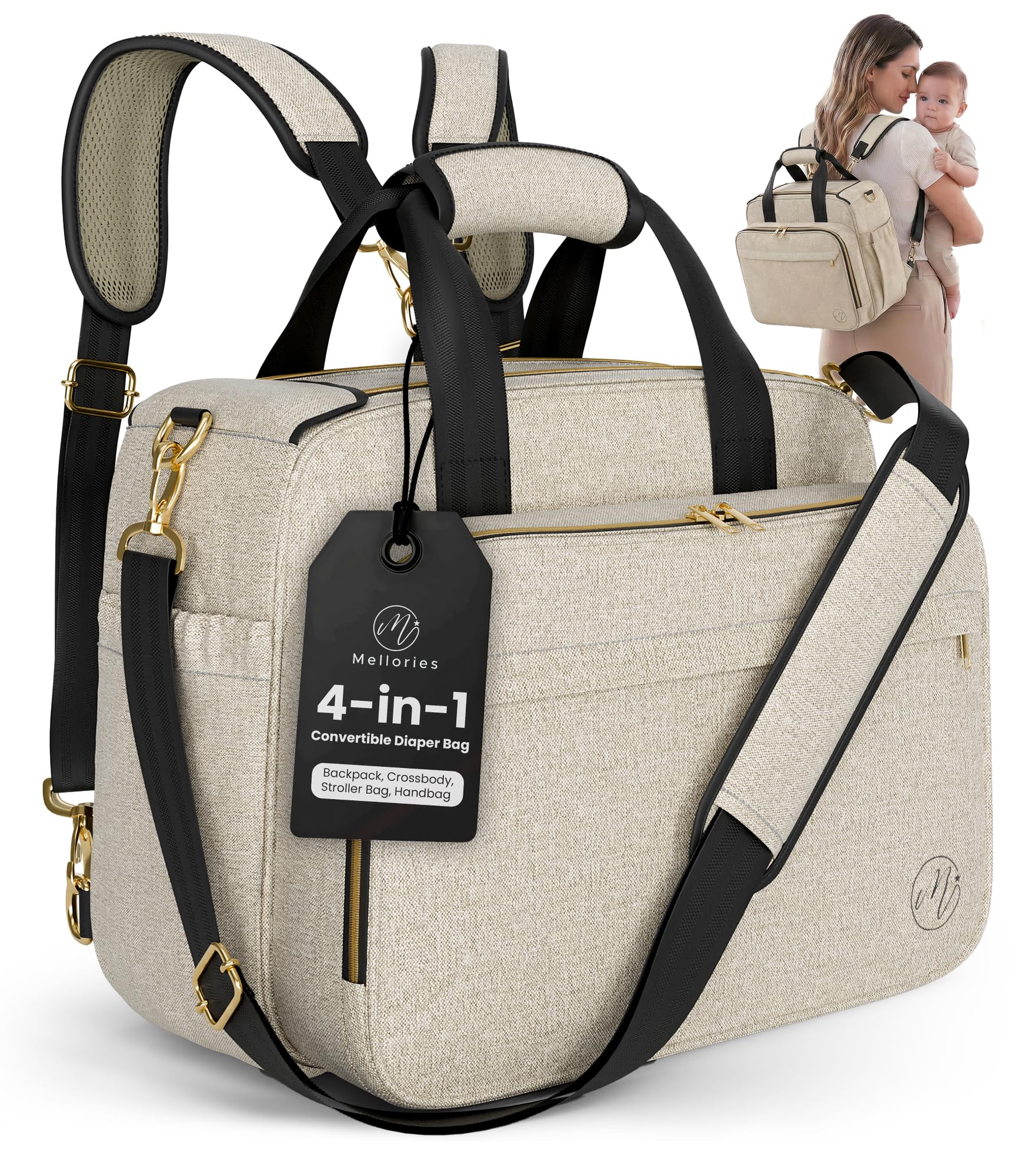 Mellories 4 in 1 Convertible Diaper Bag Tote for Baby Boys and Girls - Converts into Diaper Backpack, Baby Tote, Stroller and Crossbody Diaper Bag -