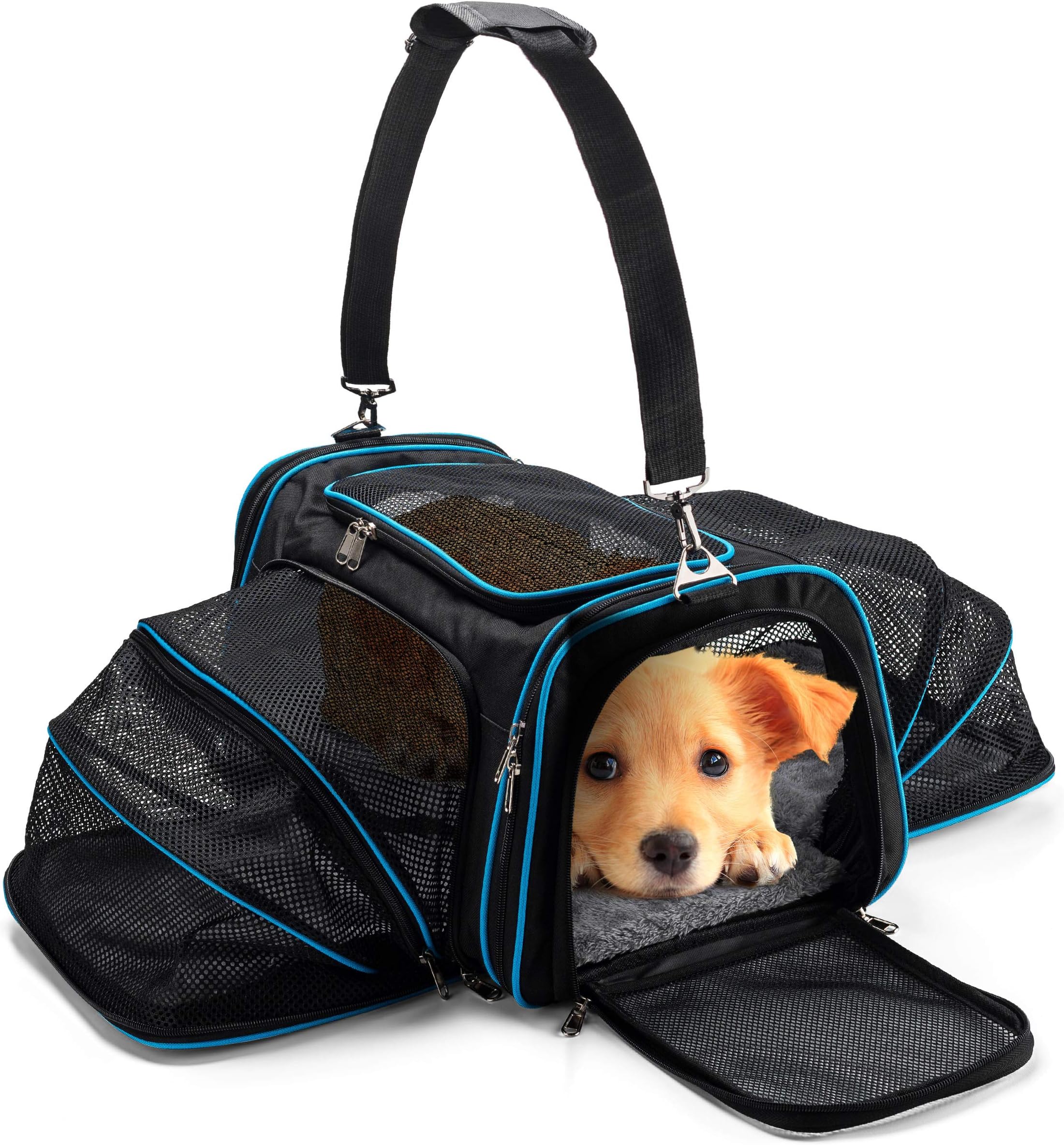 Airline Approved Pet Carrier Bag, Dual Expandable Travel Dog Carrier Bag for Small Dogs, Cats, Puppies, Kittens etc. Premium 600D Oxford Material, with Comfortable Plush Mat, Extra Strong Structure