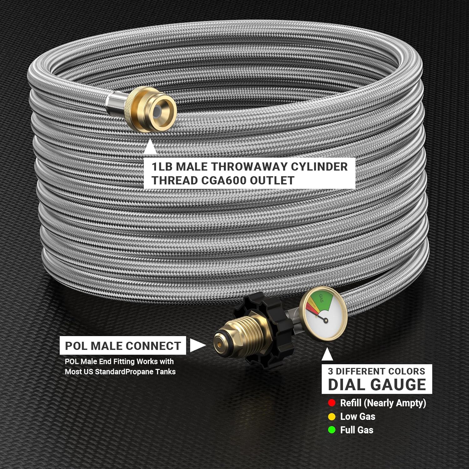 only fire 15FT Propane Adapter Hose 1lb to 20lb Converter, Braided Stainless POL Propane Hose with Gauge for Buddy Heater, Coleman Stove,Tabletop Grill and More 1lb Portable Appliance to 5-100 LB Tank
